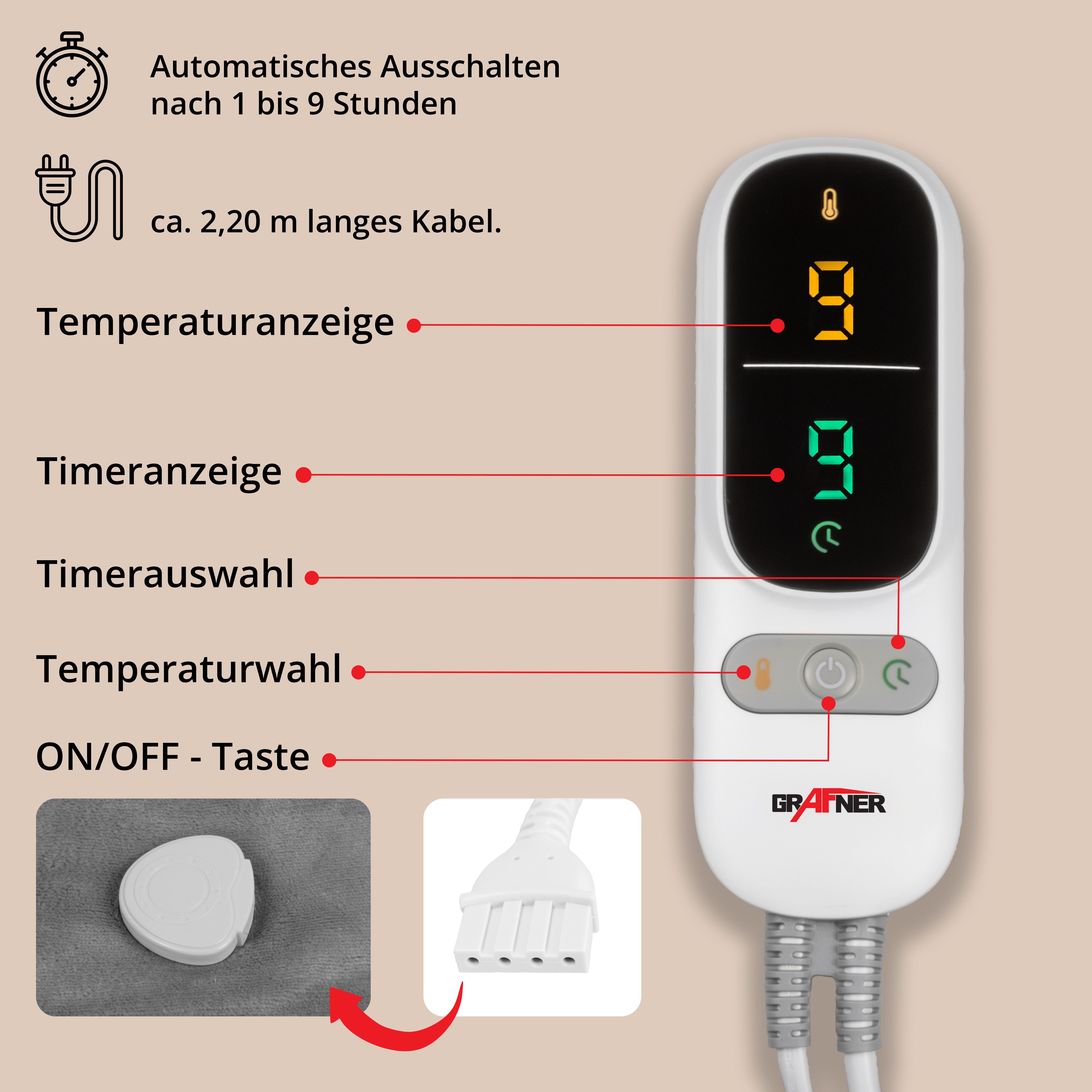Grafner Heizdecke Wärmedecke Sherpa Fleece LED-Display 200x180cm Grau/Weiß
