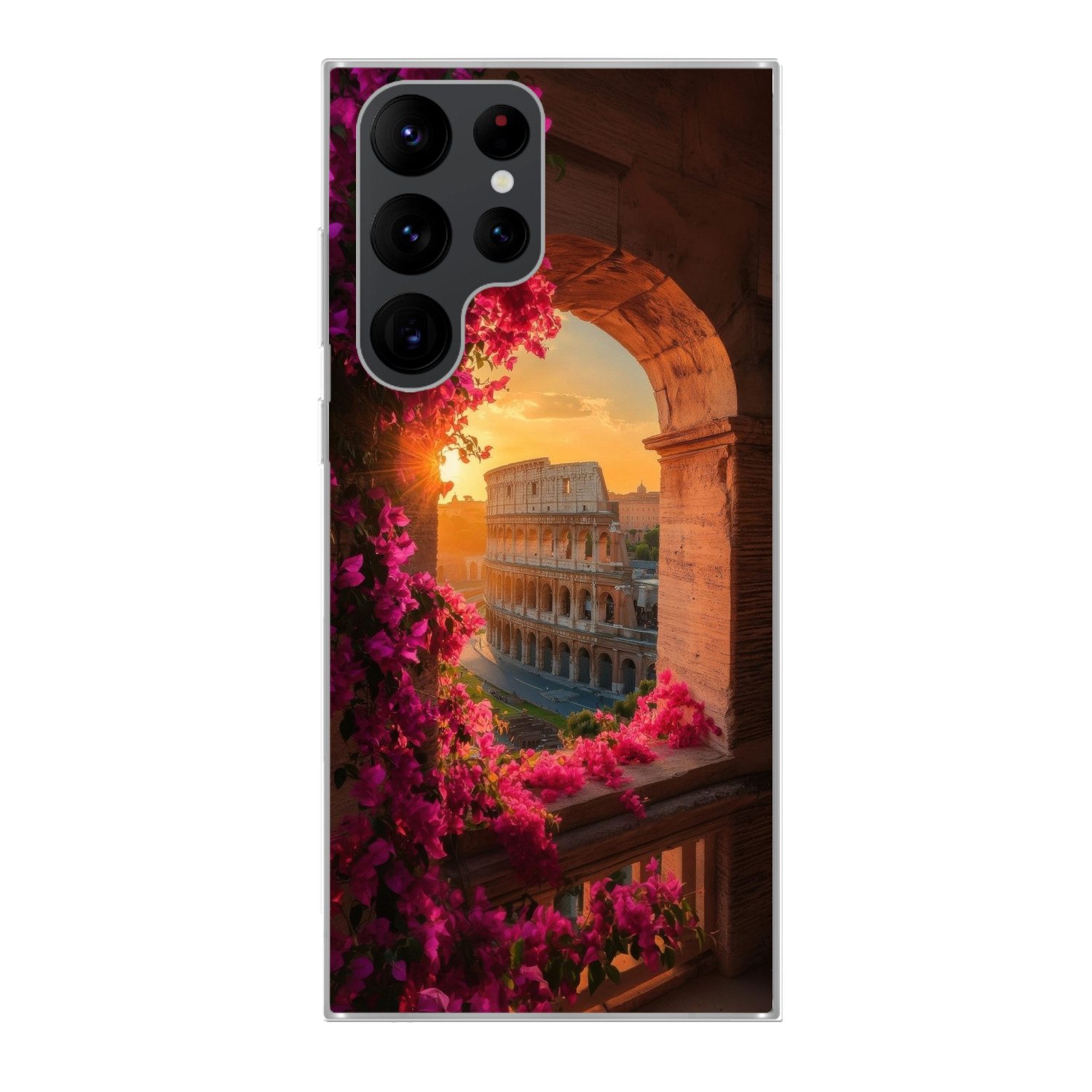 MuchoWow Handyhülle für Samsung Galaxy S22 Ultra Kolosseum - Rom - Rosa Blumen, Phone Case, Silikon, Schutzhülle Dünn