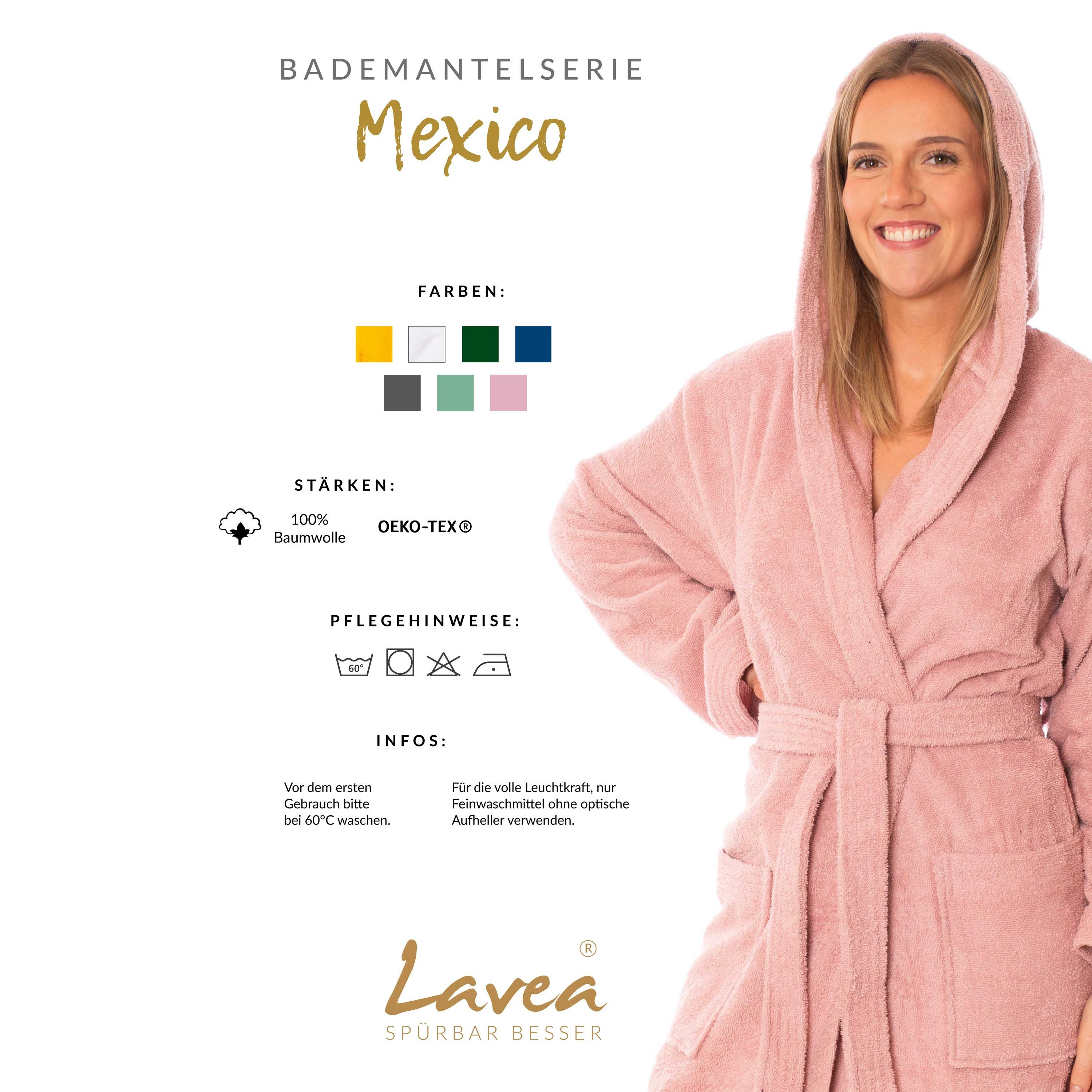 Lavea Bademantel Damen und Herren, Morgenmantel Mexico, Hotelbademantel, Lang, 100% Baumwolle, mit Kapuze, hochwertiger Bindegürtel, Weich & Saugstark - Spa Feeling für Zuhause