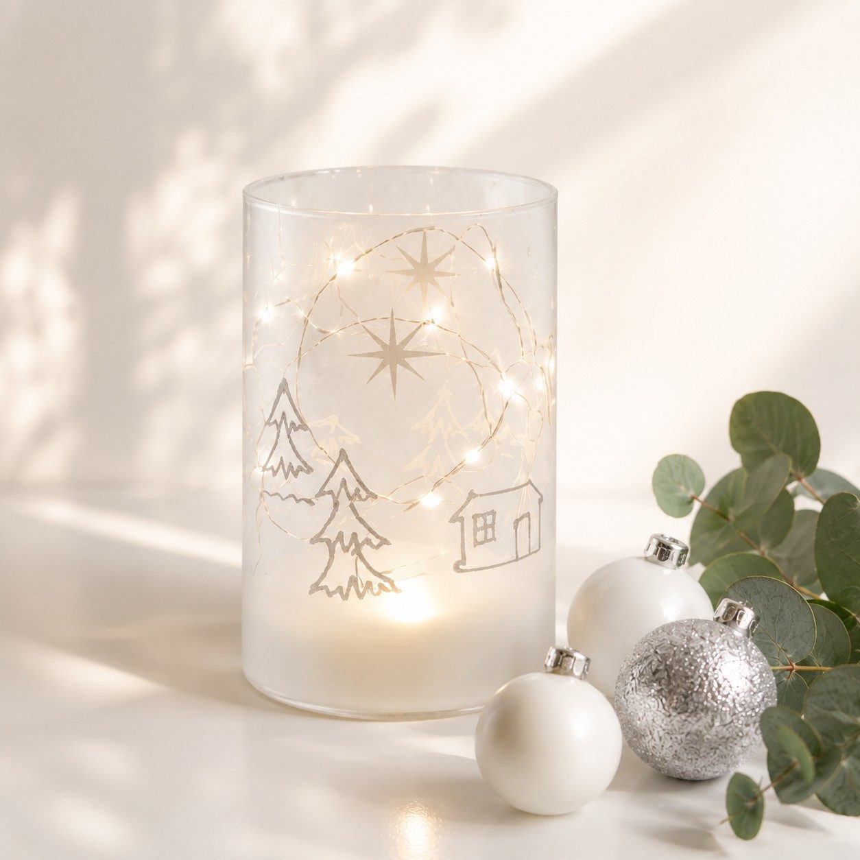 Wurm LED Windlicht LED Windlicht Winterwald Weiß Silber mit LEDs & Timer 14 cm, LED fest integriert
