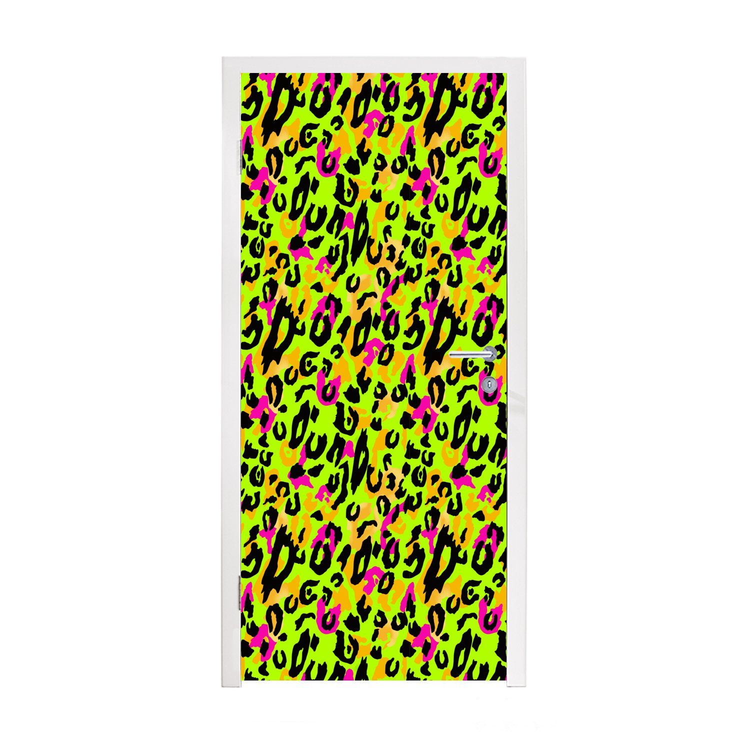 MuchoWow Türtapete Tierprint - Panther - Neon - Gelb, Matt, bedruckt, (1 St), Fototapete für Tür, Türaufkleber, 75x205 cm
