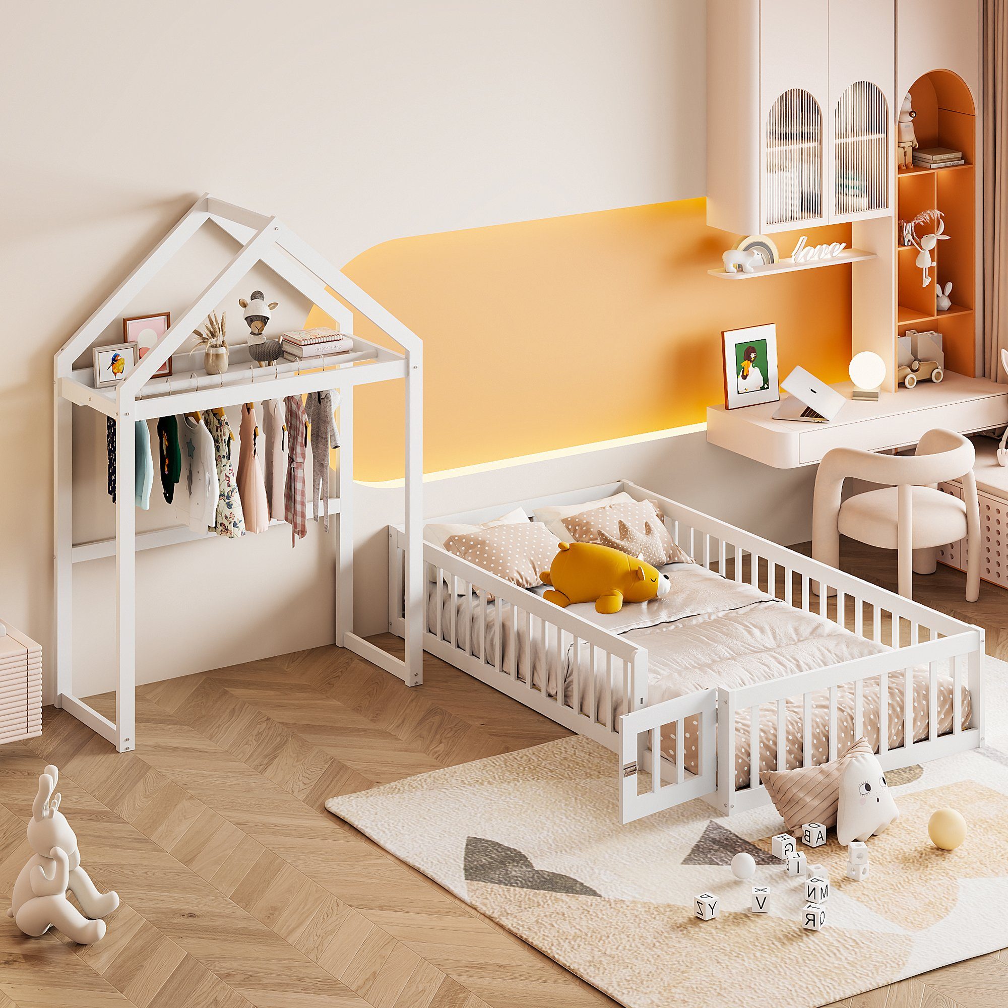 Flieks Massivholzbett, abnehmbares Kinderbett Hausbett mit Regal und Kleide günstig online kaufen