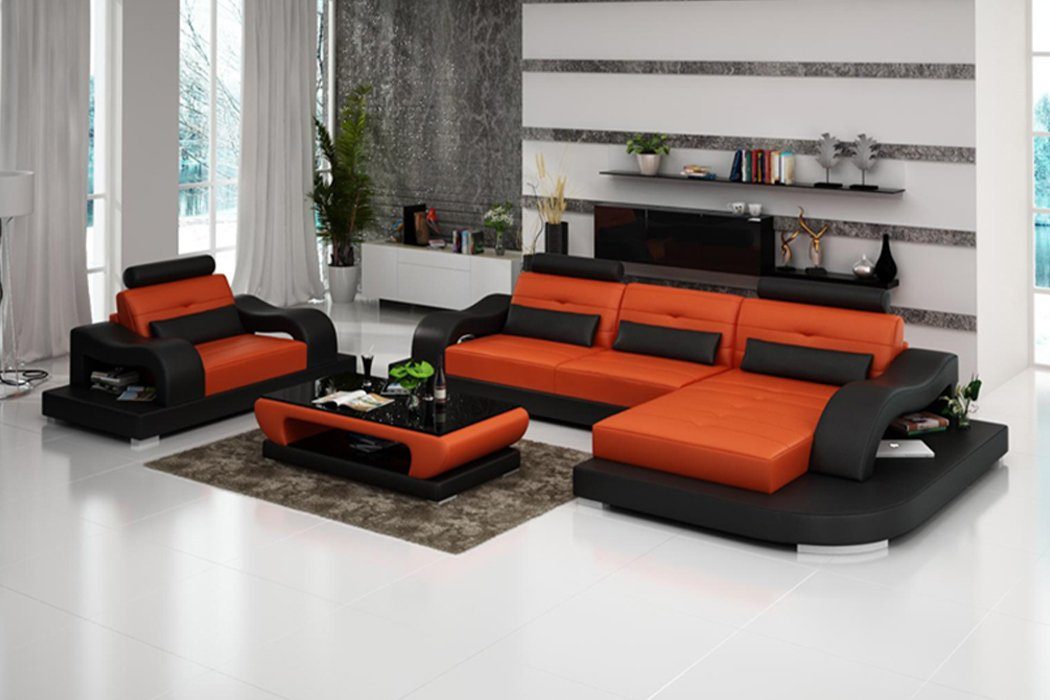 Orange Leder Modern Sofa Ecksofa Wohnlandschaft Ecksofa, JVmoebel Sessel Garnitur L-Form Set