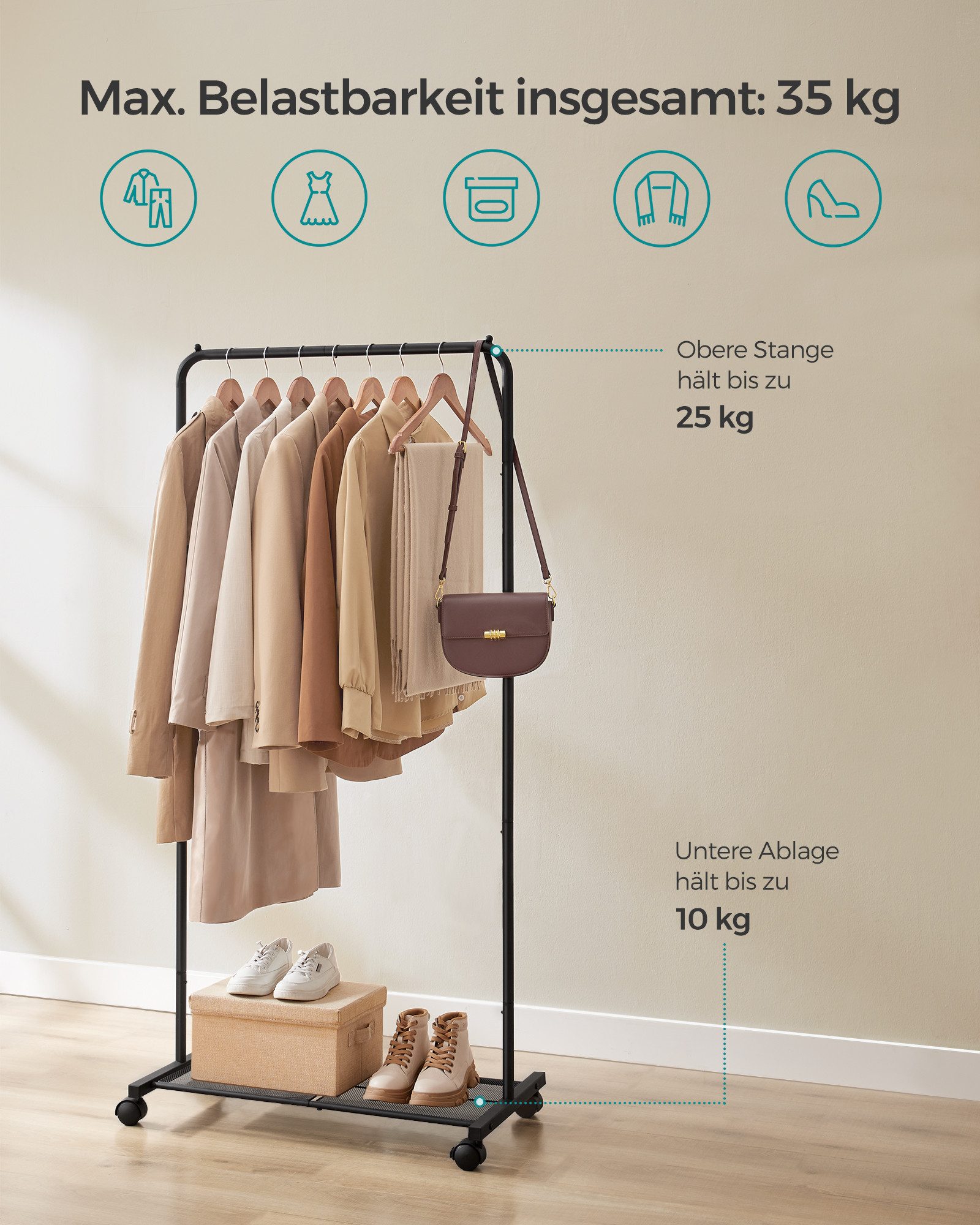 SONGMICS Kleiderständer Kleiderstange auf Rollen, Garderobenständer 74 cm breit, Rollgarderobe mit Gitterablage, bis 35 kg belastbar, 2 Rollen