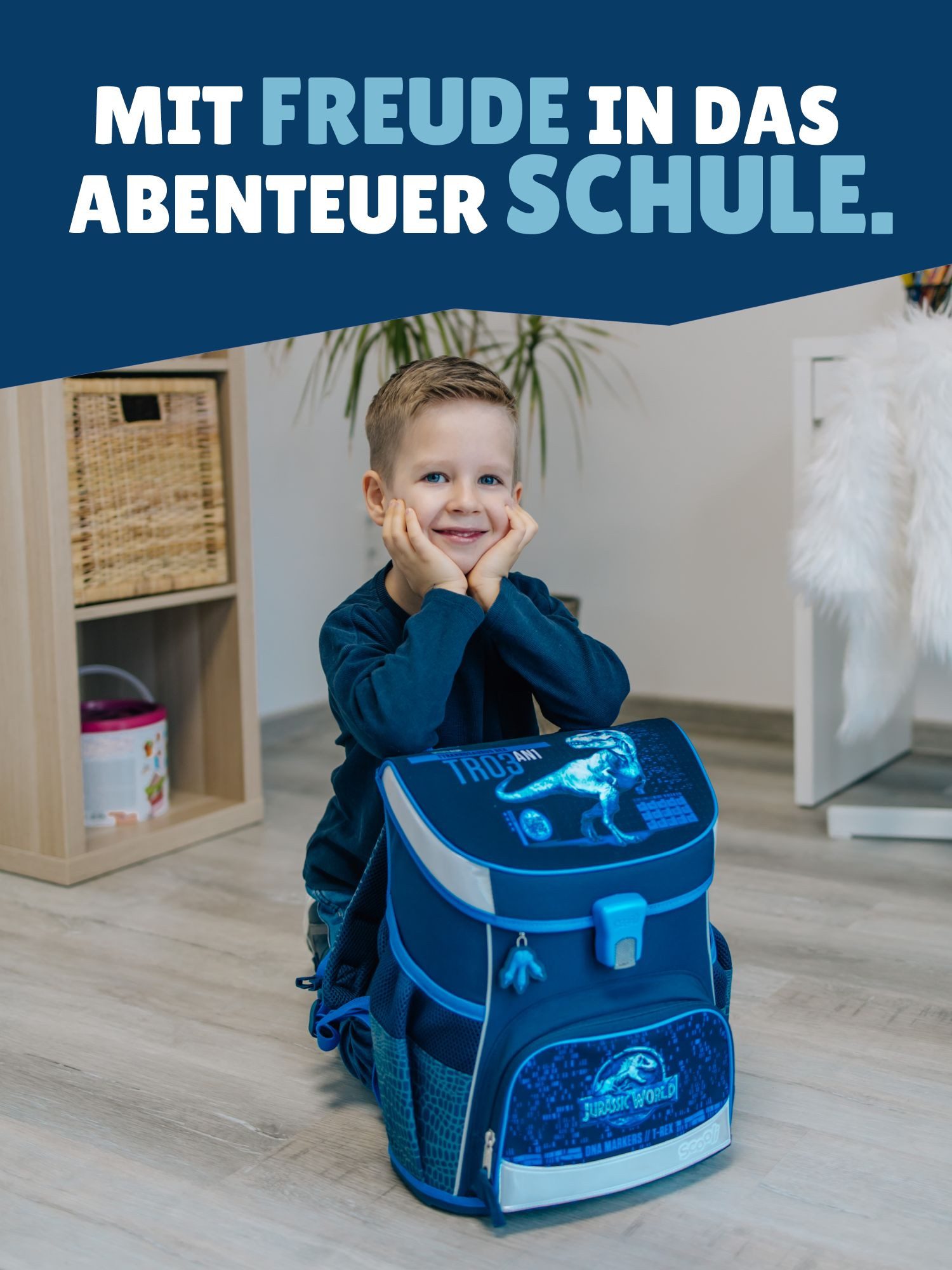Scooli Schulranzen Campus Fit Jurassic World, T-Rex Dino, dunkelblau, ab 1. Klasse (Grund-Set, 5-tlg., mit gefüllter Federmappe, Turn- & Geldbeutel), kompakt, leicht, robust