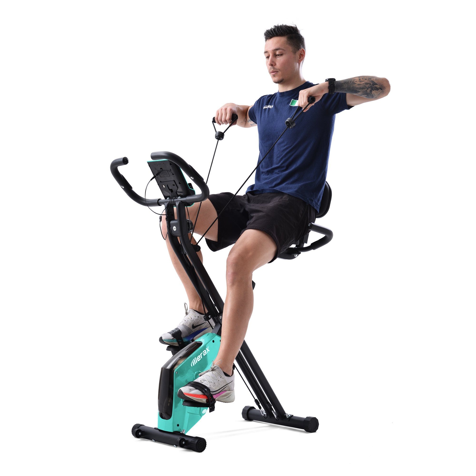 Merax Heimtrainer 3-in-1 X-bike Fitnessgeräte mit Expanderbändern, Fahrradtrainer mit Handpulssensoren, 10 Widerstandsstufen