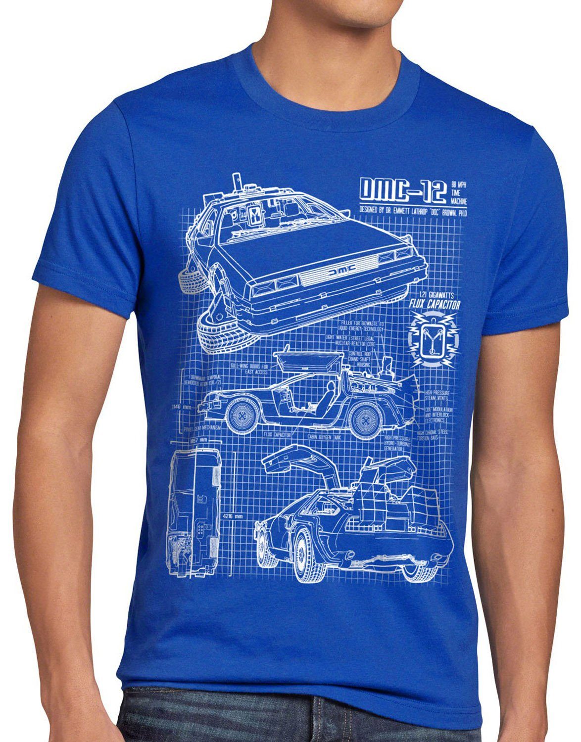 style3 Print-Shirt Herren T-Shirt Delorean DMC-12 zurück zukunft in die to the future back bluray blau