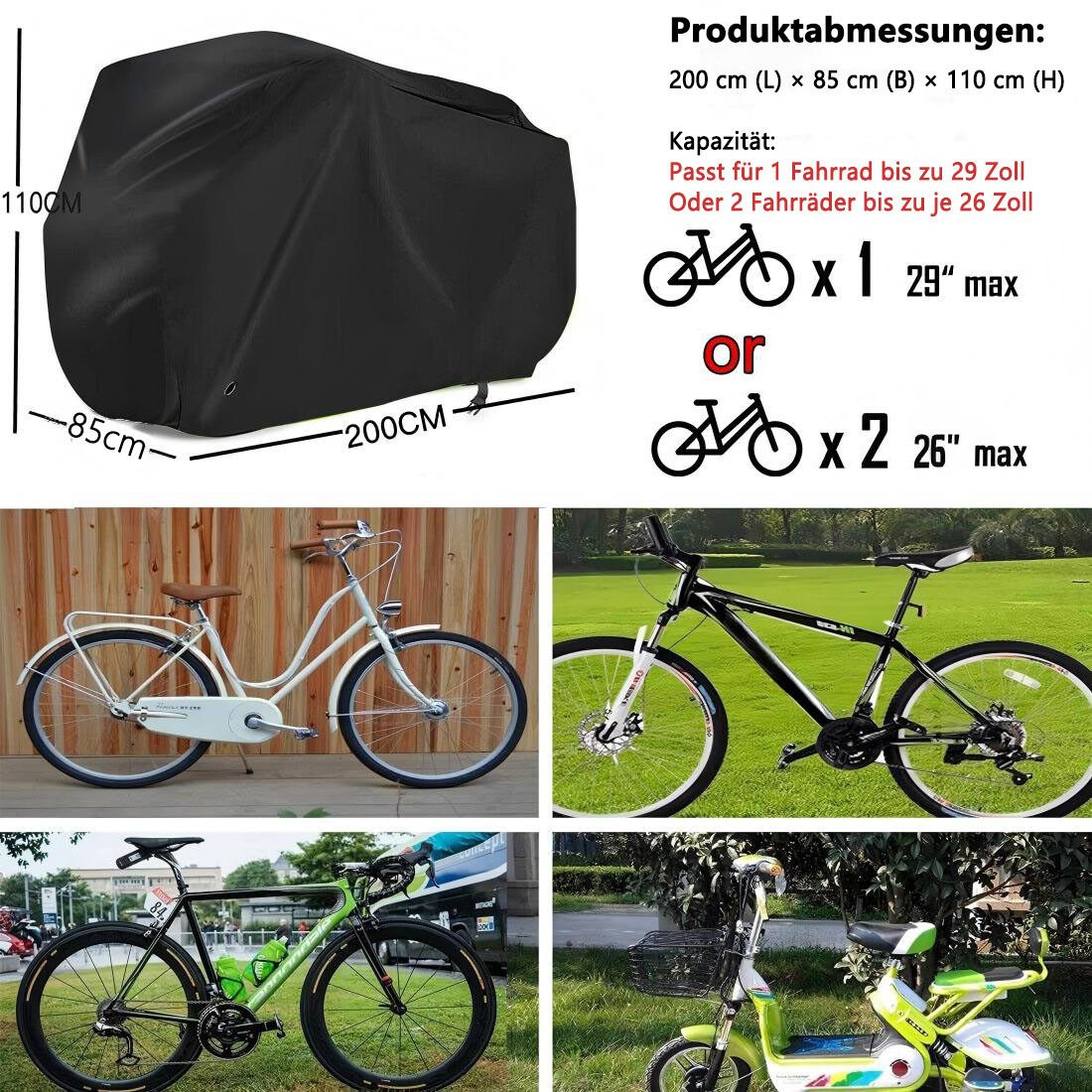 Refined Living Fahrradschutzhülle Fahrradgarage Abdeckplane Fahrradabdeckung Wetterschutz (mit Diebstahlschutz - Wasserdicht & UV-Schutz, Outdoor Fahrrad Schutzhülle, Wasserdichte Fahrradabdeckung, Fahrradschutz, 1-St., Reißfest mit Aufbewahrungstasche, 200x110cm, Abdeckung für E-Bike), Für 2 Fahrräder, für Mountainbikes, Rennräder, kleine Motorräder