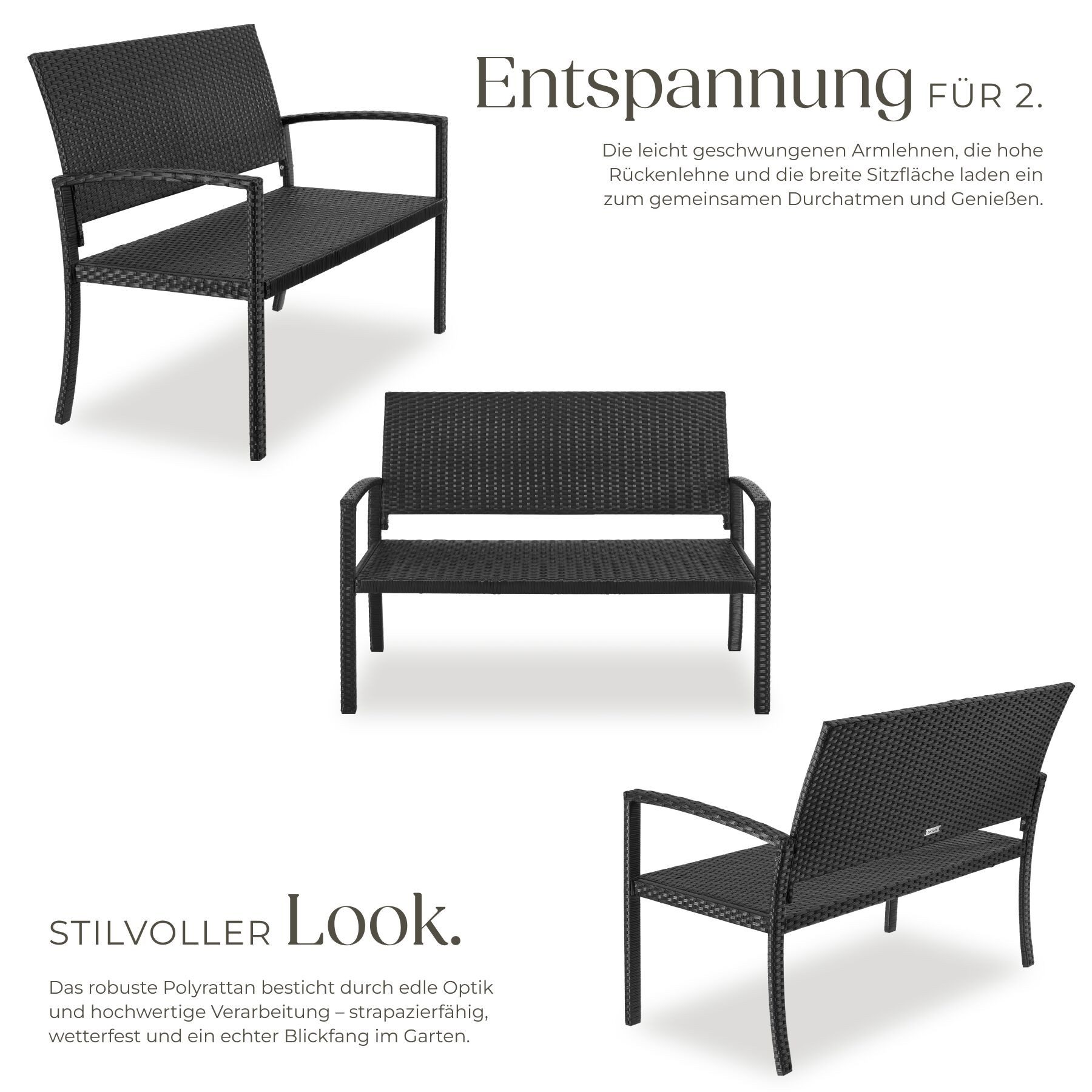 tectake Gartenbank Polyrattan Sitzbank wetterfest 2-Sitzer, mit Schutzabdeckung, 250 kg (Terrassenbank Murat, in Schwarz), Inkl. Schutzhülle, stabiles Stahlgest – Bild 3 von 5