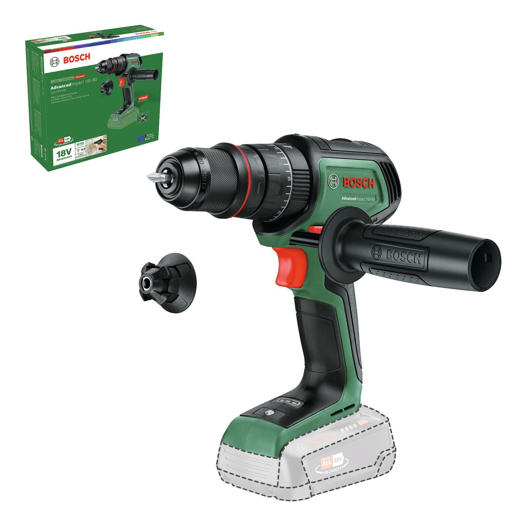 BOSCH Akku-Schlagbohrschrauber AdvancedImpact 18V-80, 18 V, max. 500 U/min, Schlagbohrmaschine QuickSnap Ohne Akku - im Karton