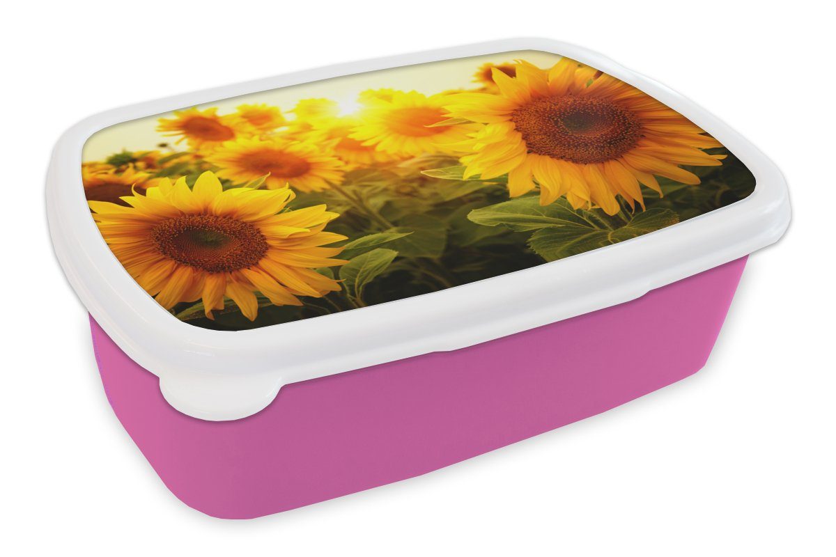 MuchoWow Lunchbox Sonnenblume - Gelb - Blumen - Sonne, Kunststoff, (2-tlg), Brotbox für Erwachsene, Brotdose Kinder, Snackbox, Mädchen, Kunststoff rosa