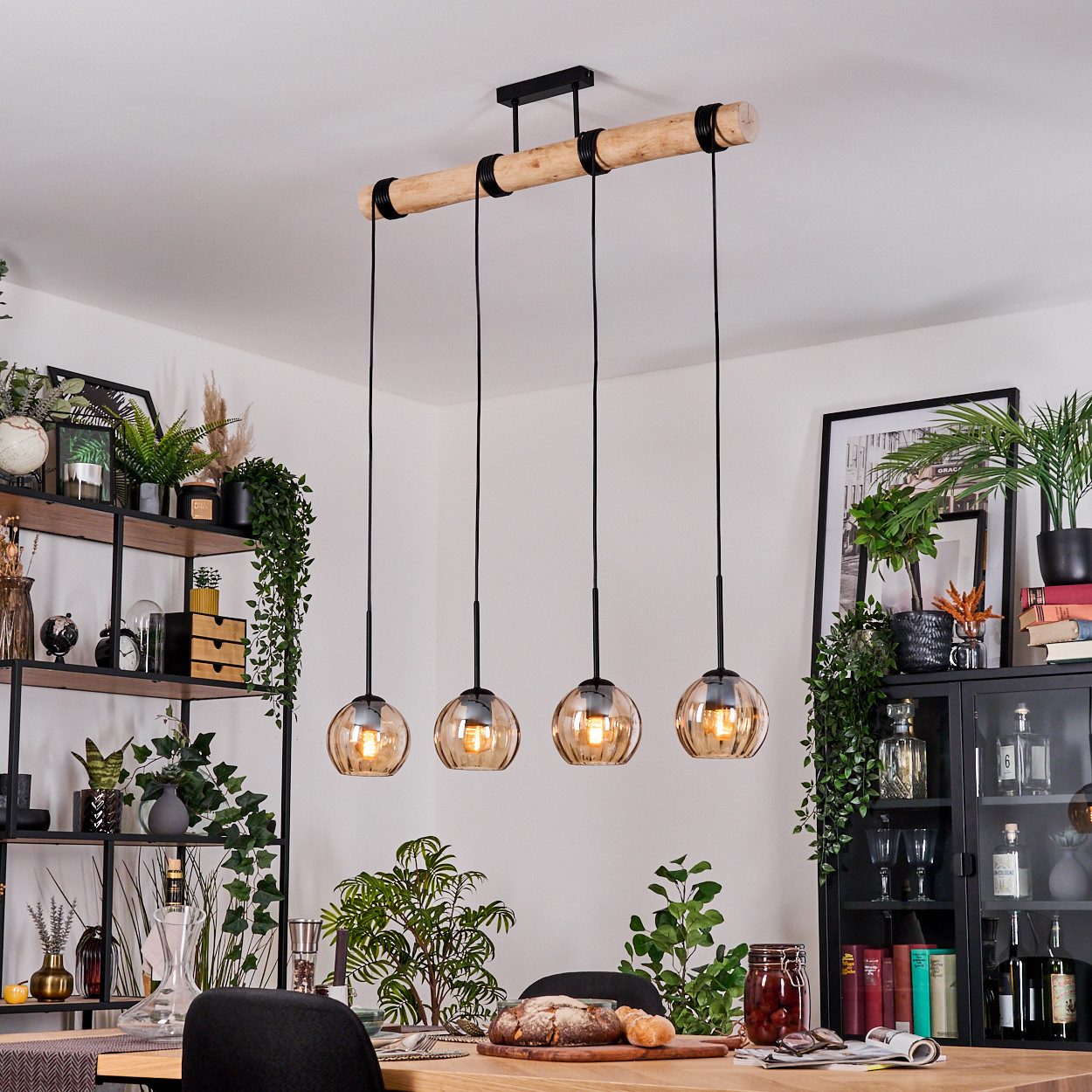 hofstein Hängeleuchte Hängelampe aus Metall/Holz/Riffelglas in Schwarz/Natur/Bernsteinfarben, moderne Pendelleuchte im Boho/Vintage-Design (Schirme 15 cm), 4 x E27
