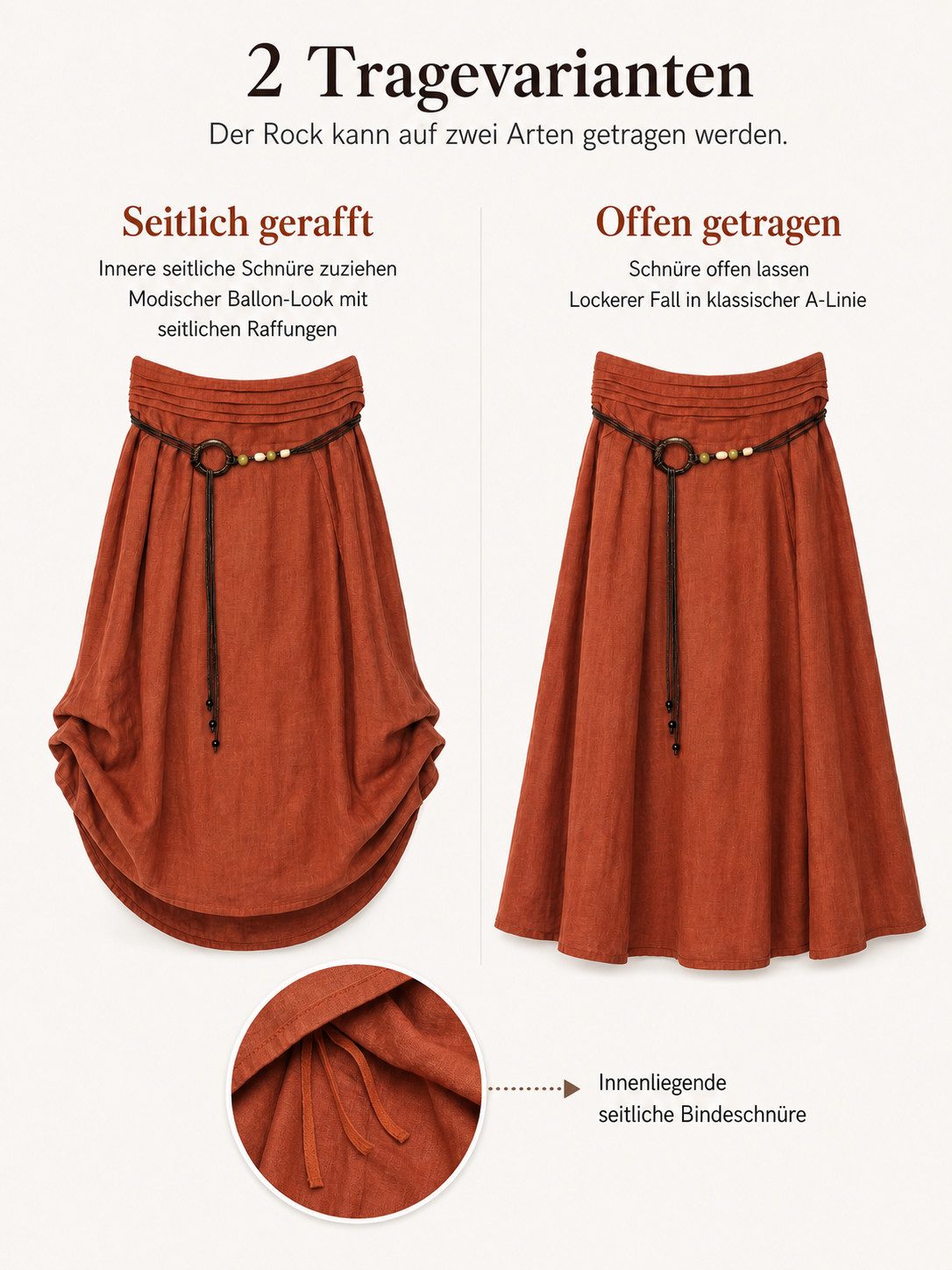 dy_mode Ballonrock Damen Leinenrock Midi Ballonrock Sommerrock Midirock in Unifarbe, mit Teil-Gummibund, Variabler 2-in-1 Look – Bild 4 von 5