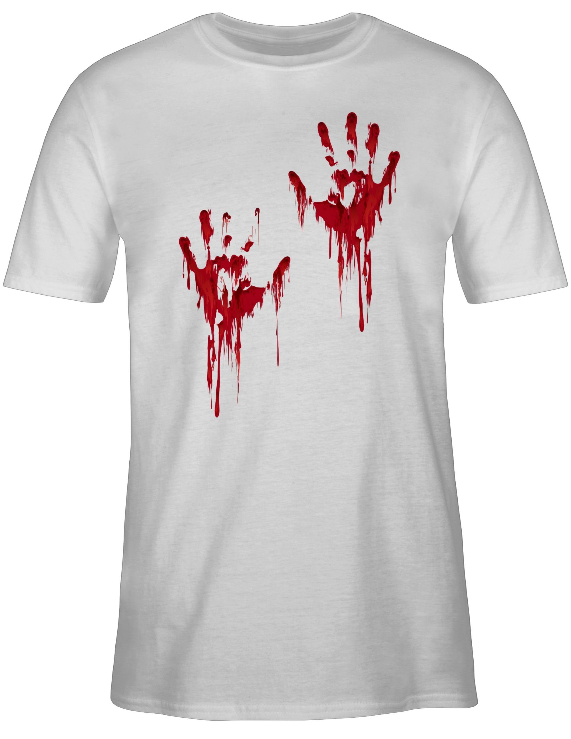 Shirtracer T-Shirt Hände 02 Blutverschmiert Halloween Herren Weiß Blutige Blut Kostüme H Handabdruck Blutiges Blutspritzer