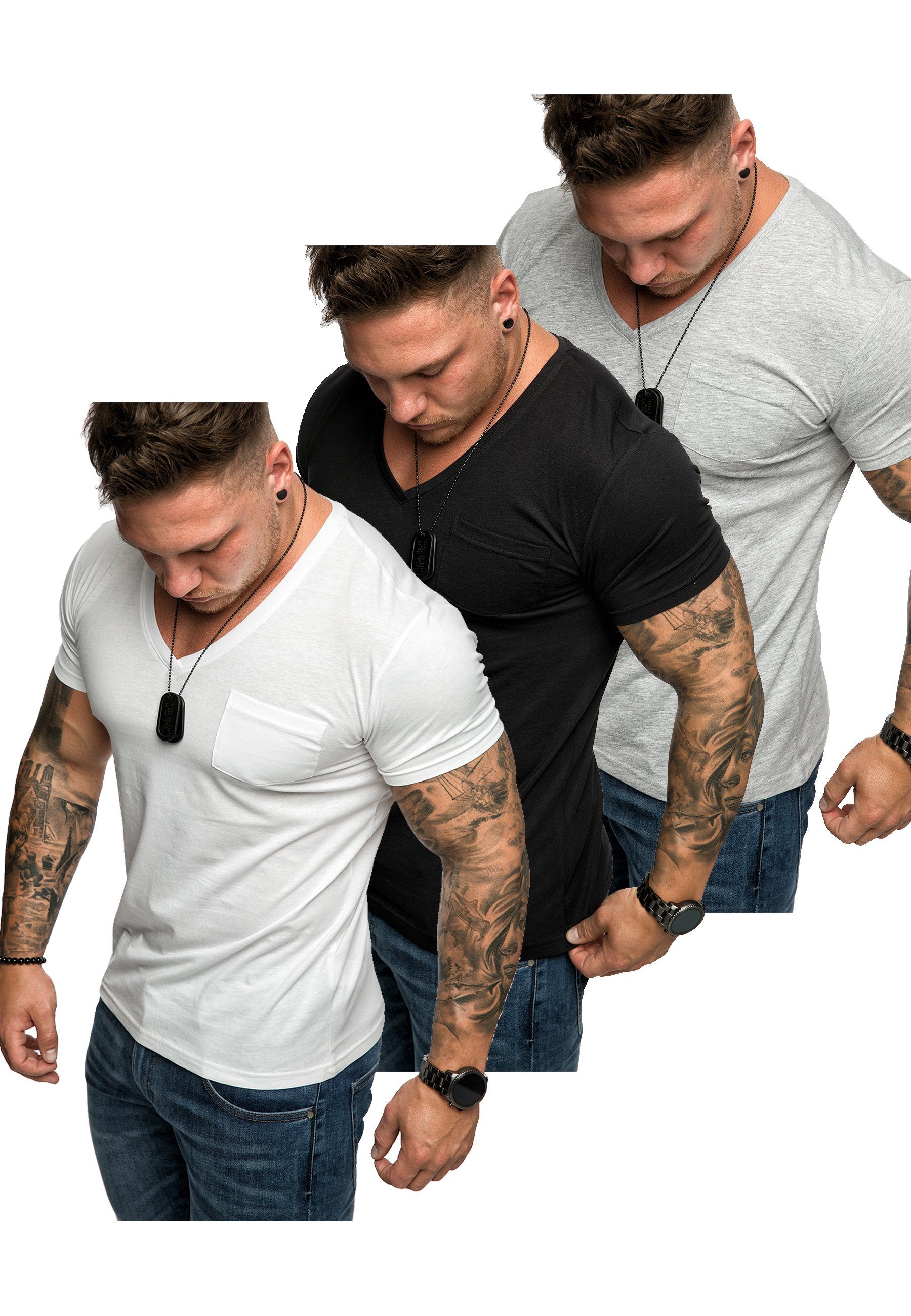 Amaci&Sons T-Shirt 3. PATERSON Herren T-Shirts 3er-Pack (3er-Pack) Herren Basic Oversize T-Shirt mit V-Ausschnitt (Grau + Schwarz + Weiß)