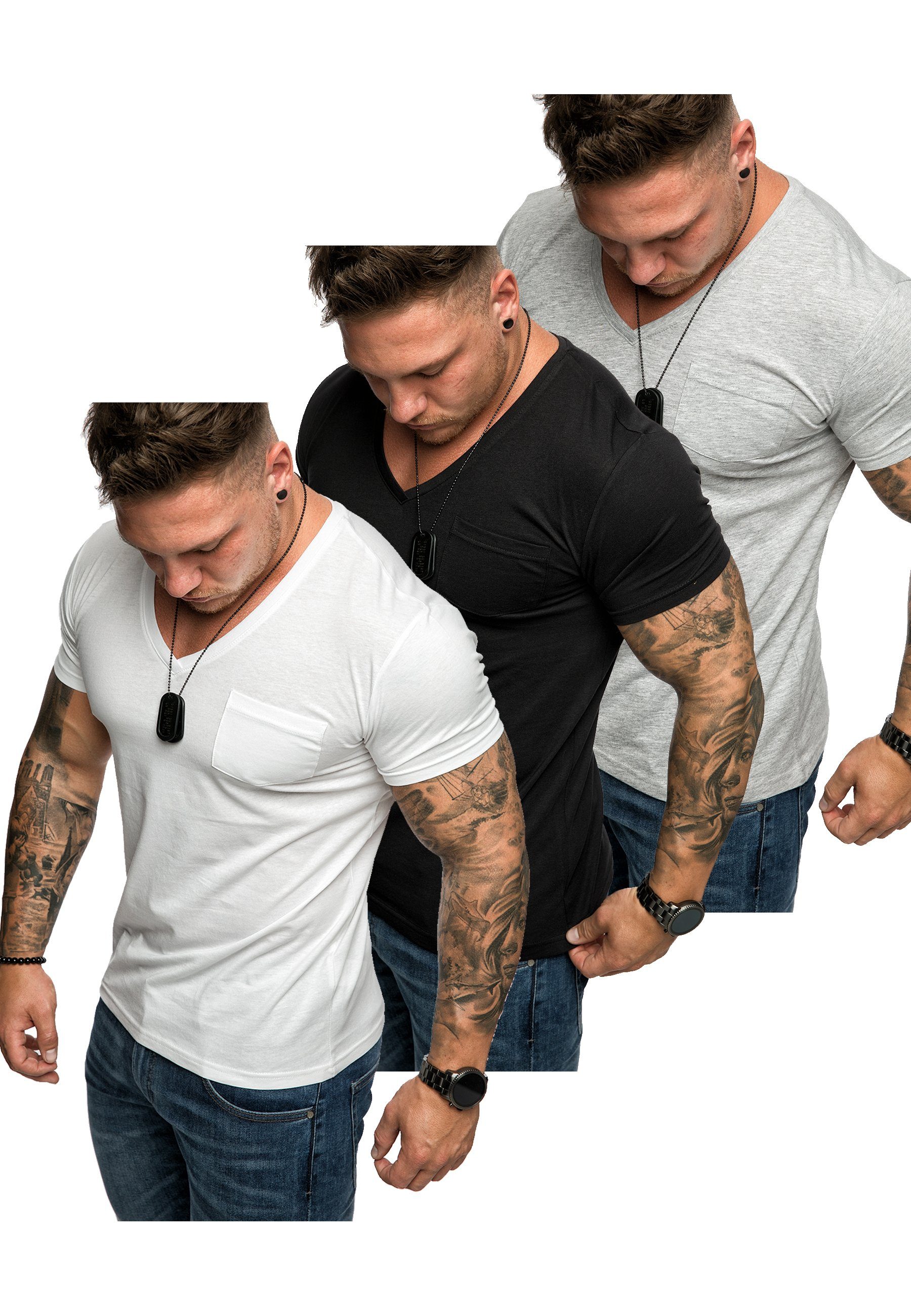 Amaci&Sons T-Shirt 3. (Grau mit Herren Oversize Schwarz Herren PATERSON Basic T-Shirts (3er-Pack) 3er-Pack V-Ausschnitt Weiß) + T-Shirt 