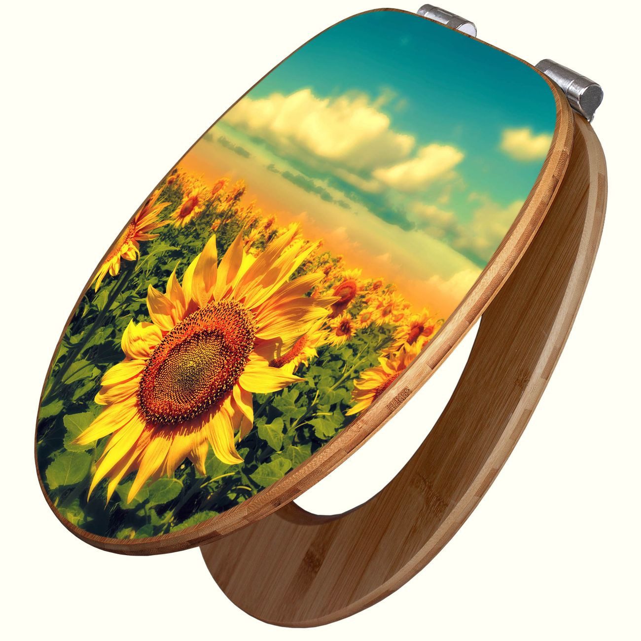banjado WC-Sitz aus Bambus mit Absenkautomatik Motiv Sonnenblumen (umweltfreundliches Material, integrierte Absenkautomatik), 45,8 x 37,5 x 5 cm