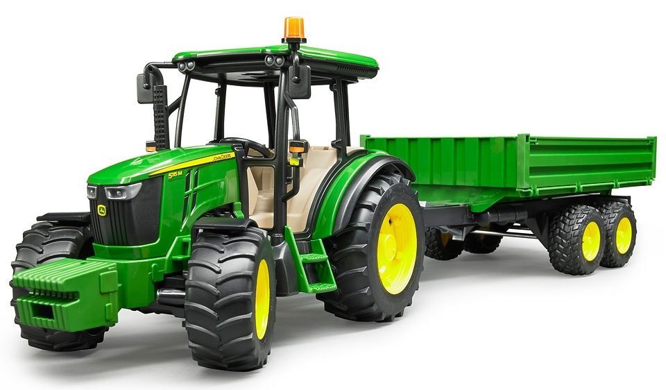 Spielzeug-Traktor in mit Bordwandanhänger, John Deere 5115M Germany Bruder® Made