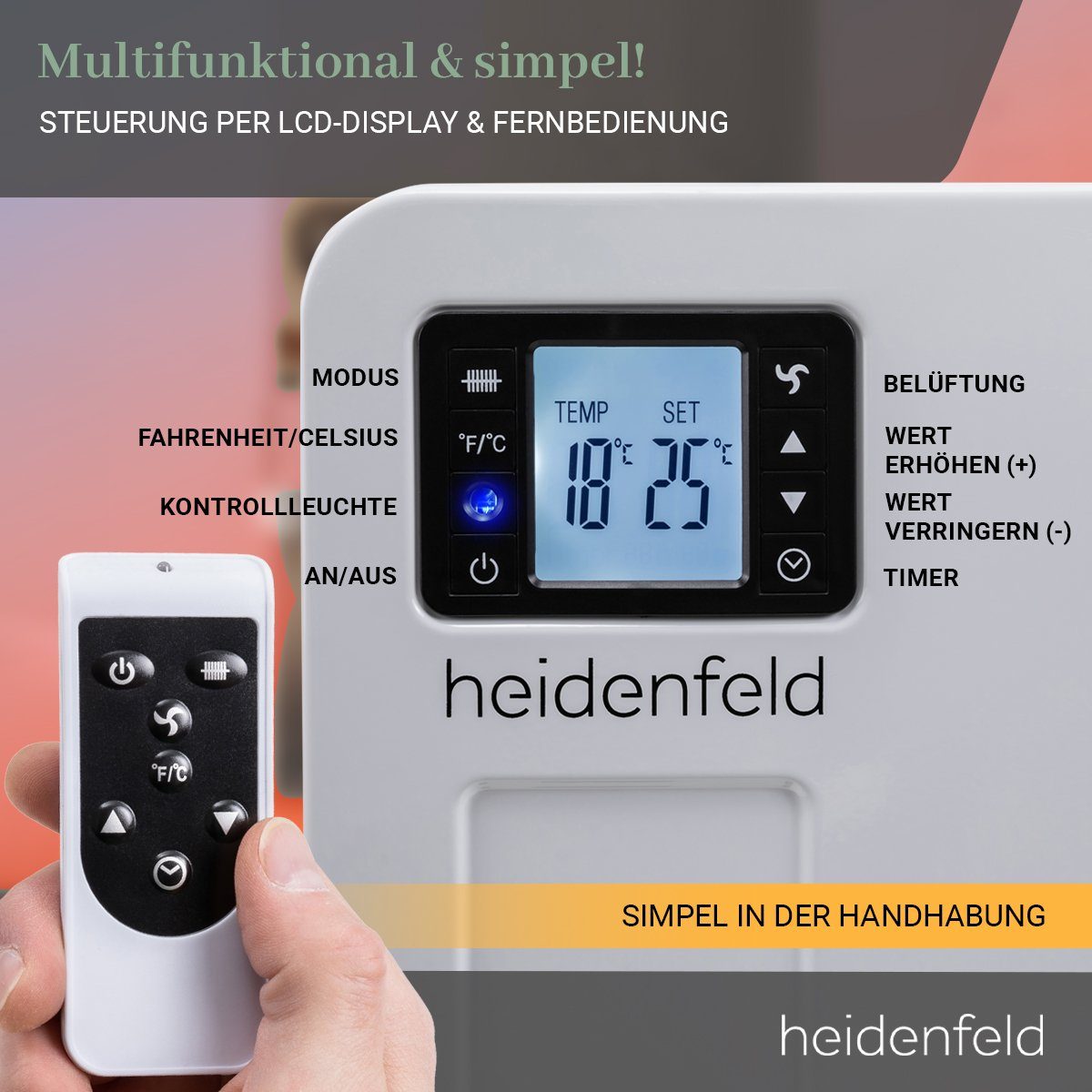 Heidenfeld Konvektor Elektro Heizung Konvektorheizung EK100 Heizgerät inkl. 3 Jahre Garatie, 2300 W, 3-Heizstufen - Fernbedienung - Timer - Heizlüfter - Heizkörper