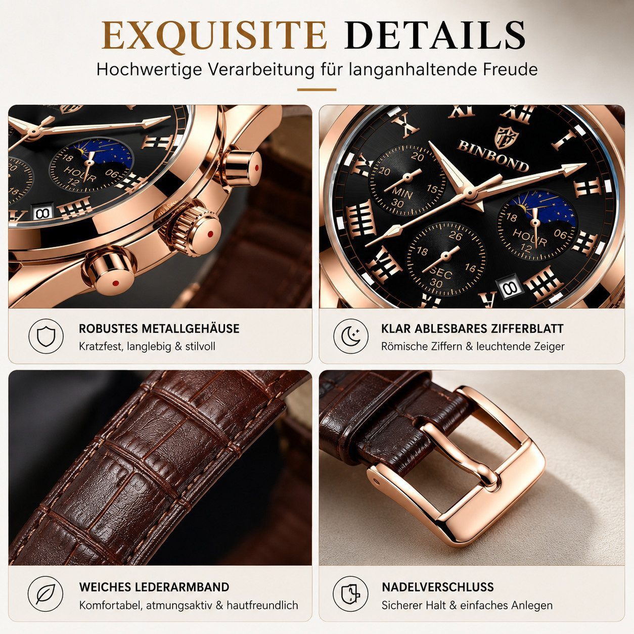 ibettertec Quarzuhr Herren Armbanduhr, Business Quarzuhr, Armbanduhr, Edelstahl Herren Uhr, (Quarzuhr mit Datum, Wasserdichte Uhr 30M, Lederarmbanduhr Herren),  – Bild 2 von 5