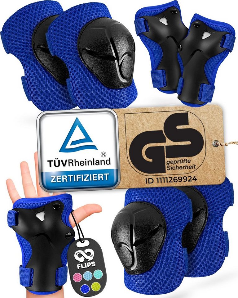 99FLIPS Protektoren-Set Schoner Inliner skates Kinder Set Skateboard Protektoren Schützer (Knieschoner Kinder Schutzausrüstung für Rollschuhe & Skateboard, 6-tlg., Knieschützer, Ellenbogen Schützer & Handschützer inkl. Tasche), Schlittschuhe Schoner Gesch