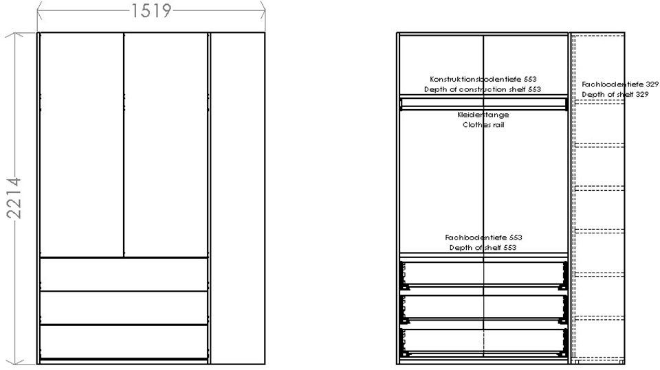 Schubladen, Modular weiß rechts weiß geräumige Anbauregal LIVING links Variante montierbar oder 3 Plus SMALL Kleiderschrank | 1 Müller