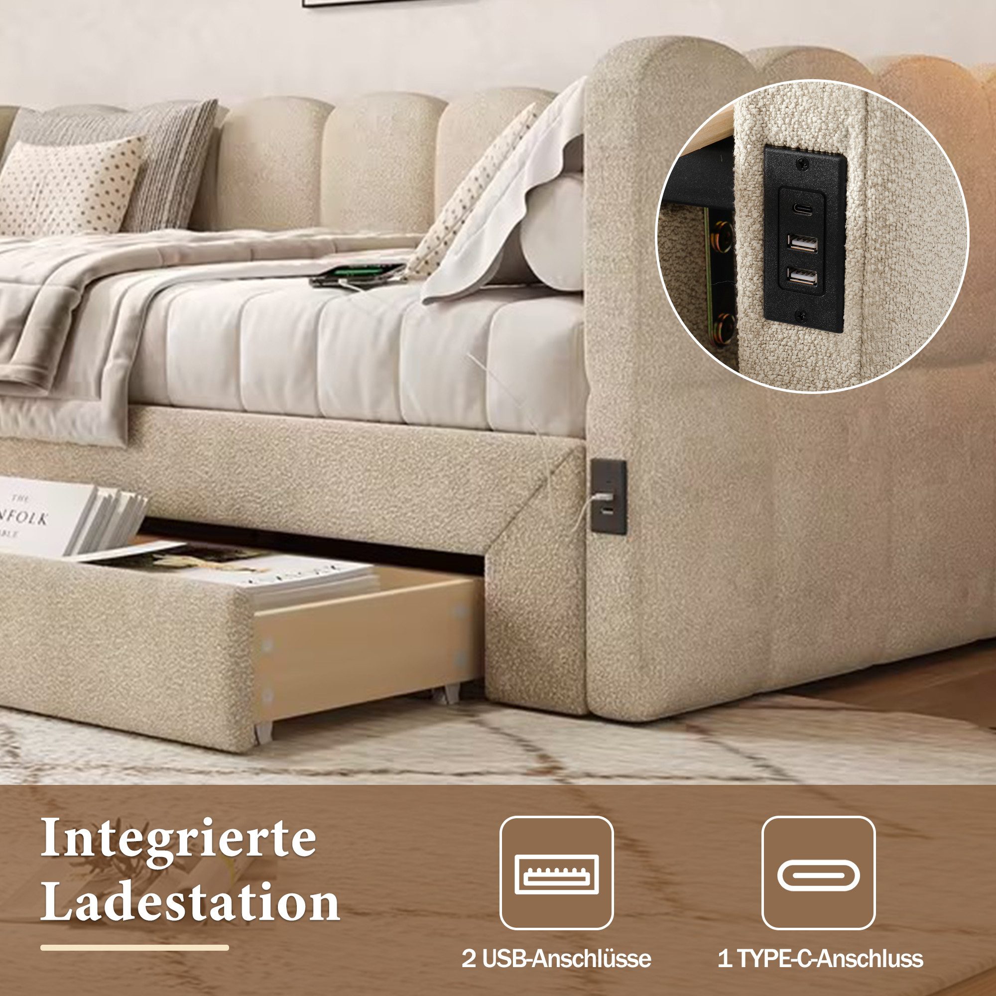 Odikalo Schlafsofa 90x200 90x190 Polsterbett mit USB und Schubladen ohne Matratze, mit 2 Schubladen für Stauraum, Schlafsofa, Tagbett 90x200 cm / 90x190 cm, aus – Bild 4 von 5