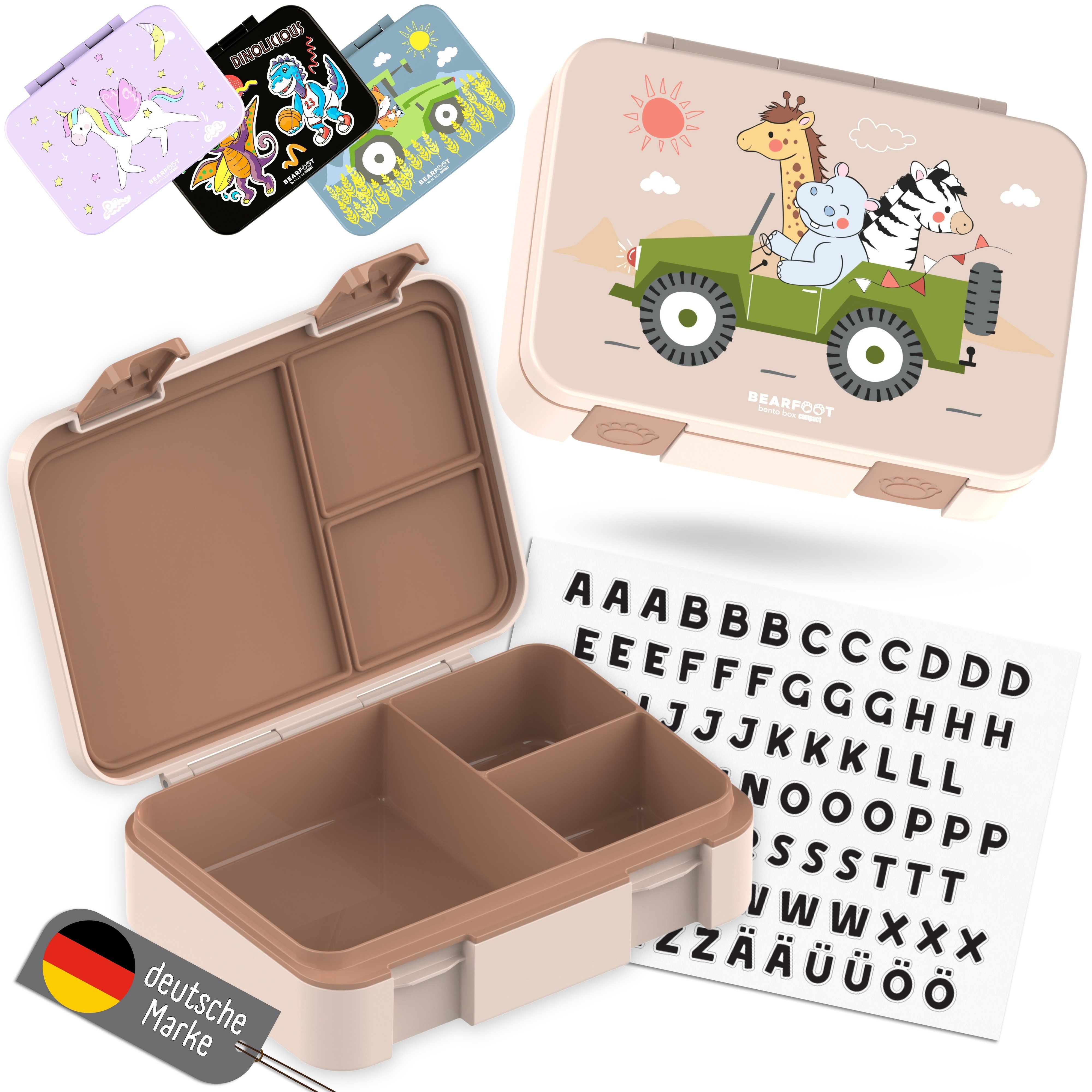 BEARFOOT Lunchbox Brotdose mit Fächern, leicht & auslaufsicher - Safari braun, PP, ABS, Silikon, Kindergarten und Schule - Mädchen und Jungen, Vesperbox, Snackbox