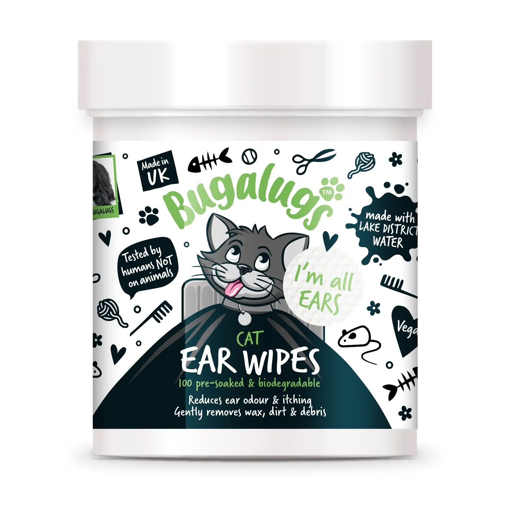Bugalugs Fellpflege Bugalugs vorbehandelte Ohrpflege - Pads für Katzen Ohren, (1-St), Ohrpflege Pads für Katzen, beruhigt, pflegt, säubert