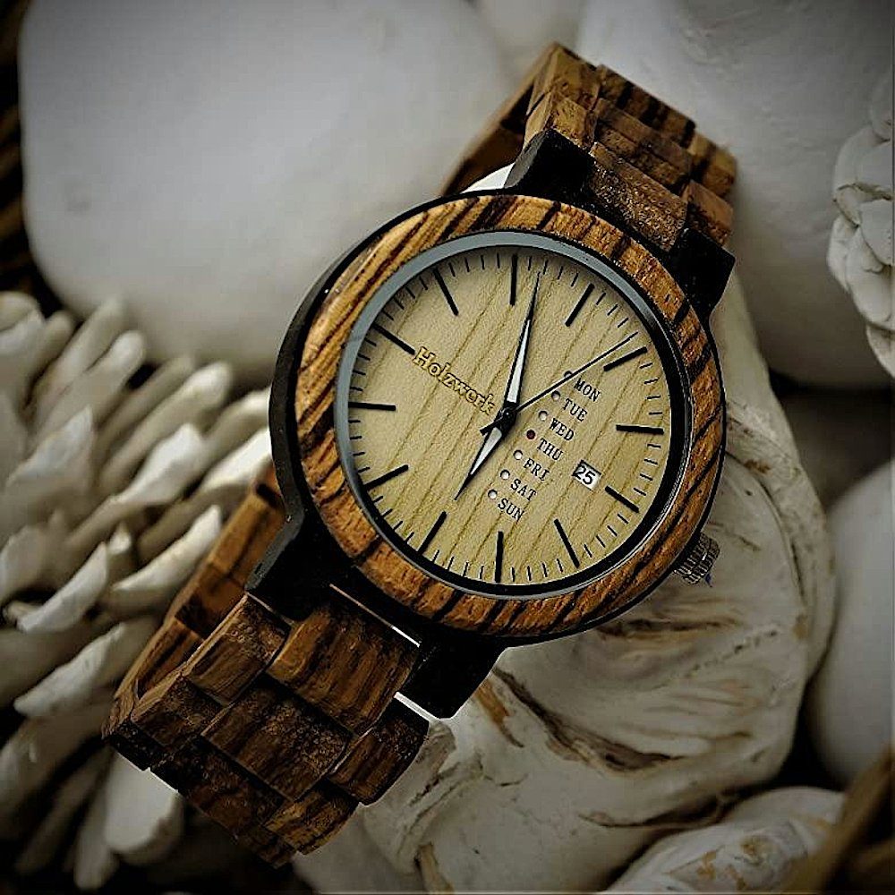 Holzwerk Quarzuhr MALCHOW Damen und Herren Holz Uhr mit Datum in Walnuss braun, beige