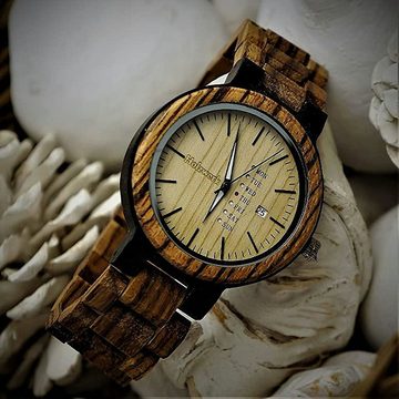 Holzwerk Quarzuhr MALCHOW Damen und Herren Holz Uhr mit Datum in Walnuss braun, beige