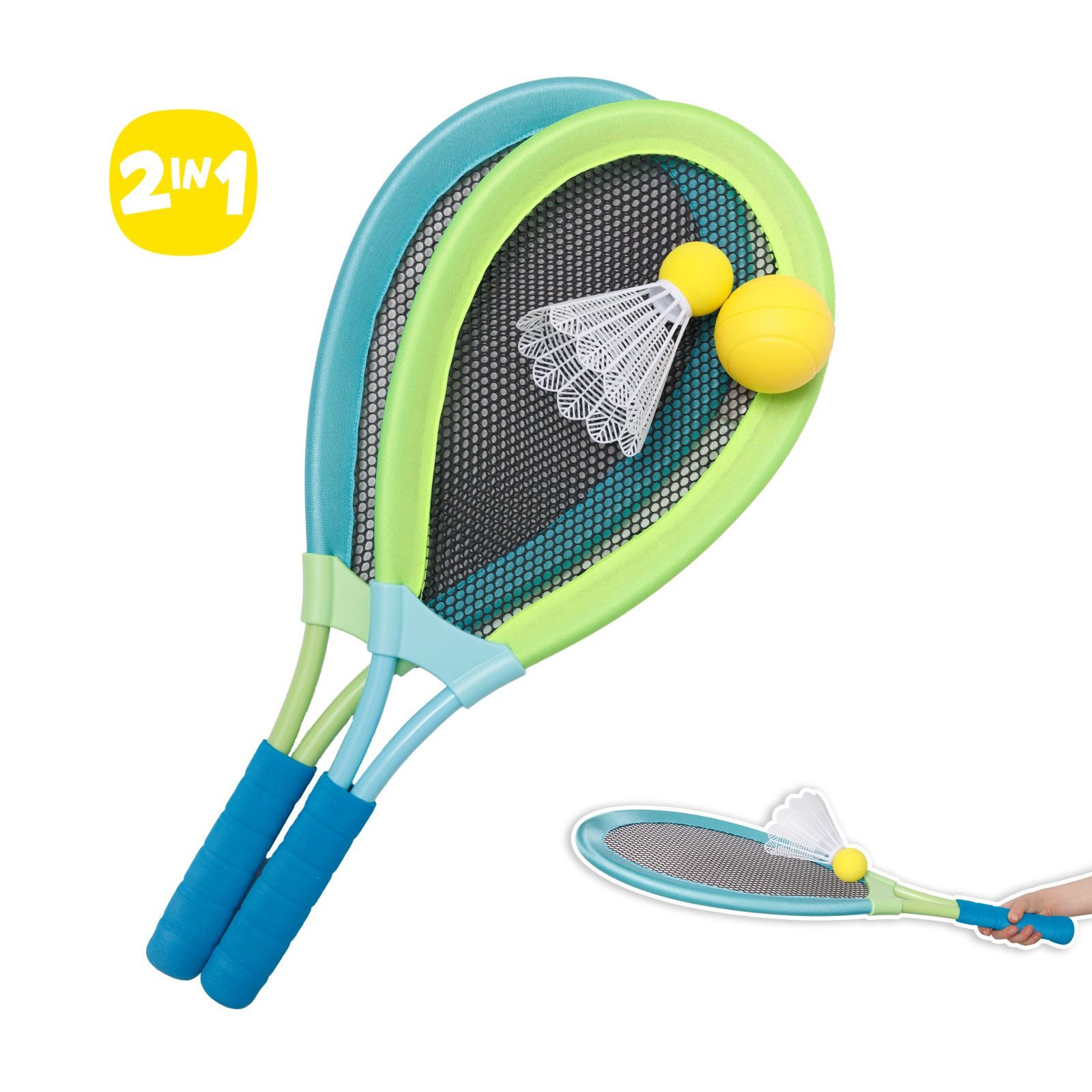 alldoro Federballschläger 2 in 1 XL Federball & Soft Tennis Set - extragroße Ракетки, Outdoor-Set mit 2 Beachball-Schlägern (62 cm), Softtennis- & Federball