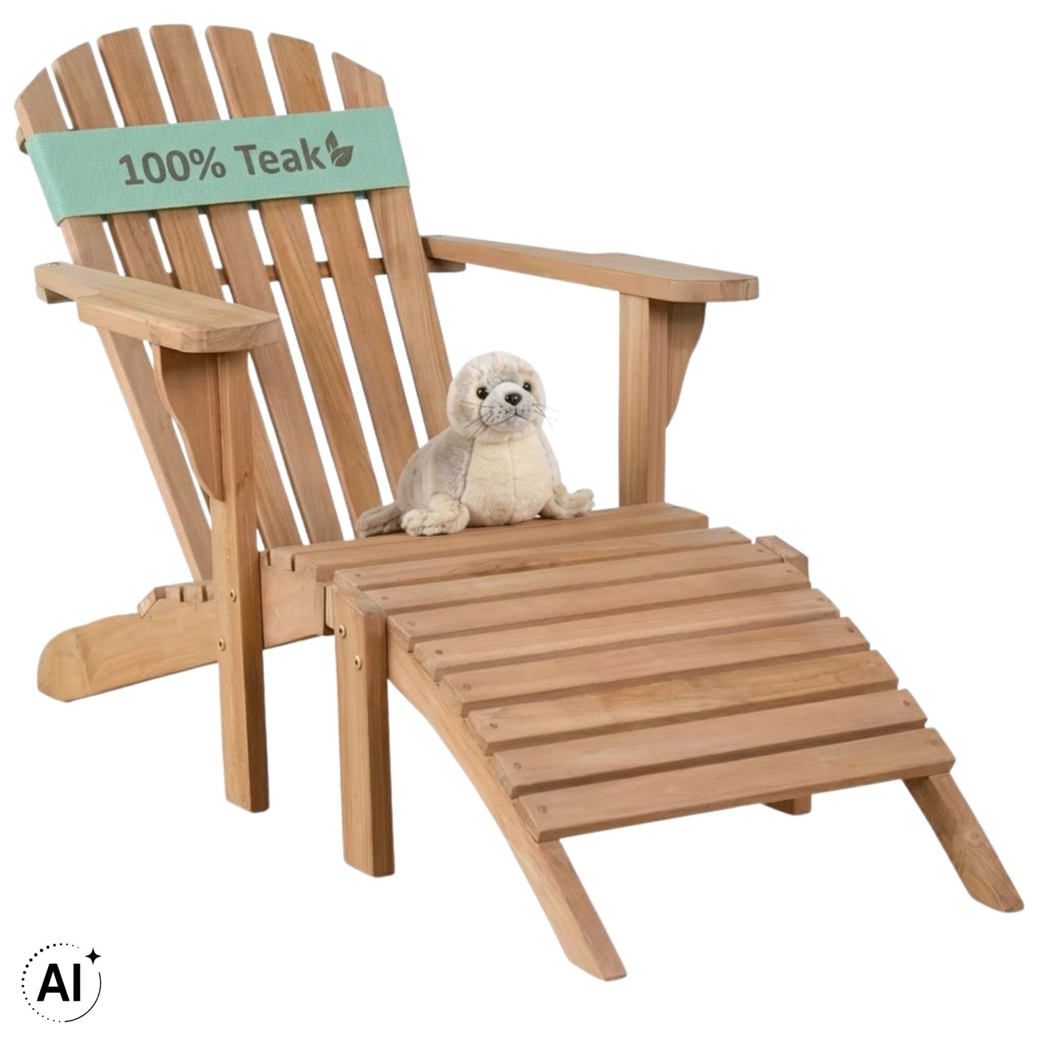 MR.DEKO Gartenliege Adirondack Montreal Teak mit Fußteil Holz Liegestuhl, 2-teiliges Set bestehend aus Sessel und Fußteil, 1 St., Ergonomischer Relaxsessel inkl. Fußhocker massives Teakholz wetterfest