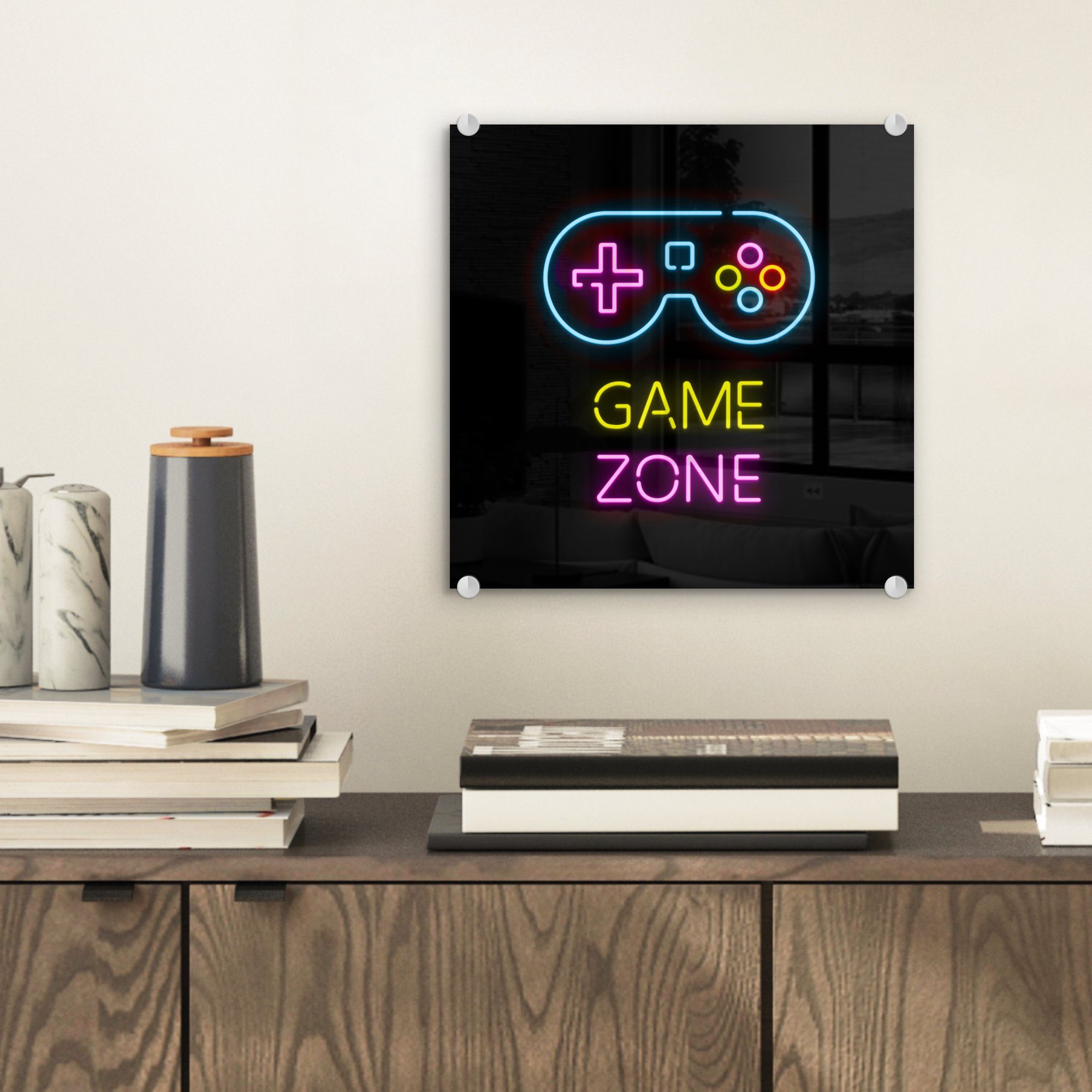 - auf Neon - - Bilder bunt - - Acrylglasbild Wanddekoration Wandbild Glasbilder Glas Controller MuchoWow Spielzone, - Zitate (1 Spiel Glas Schwarz - - auf Foto St),