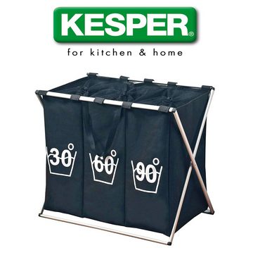 KESPER for kitchen & home Wäschekorb Wäschesortierer Schwarz faltbar 3x Fächer Wäschekorb Wäschesammler, Faltbar