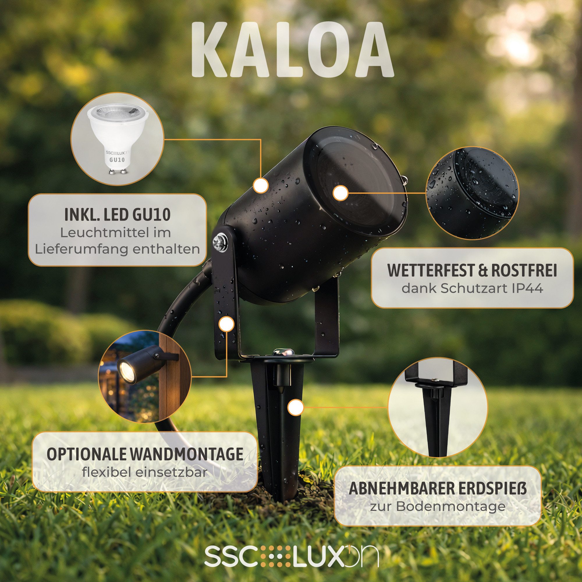 SSC-LUXon LED Gartenstrahler KALOA Gartenleuchte mit Erdspieß IP44 2W warmweiß LED GU10 Strahler, Warmweiß