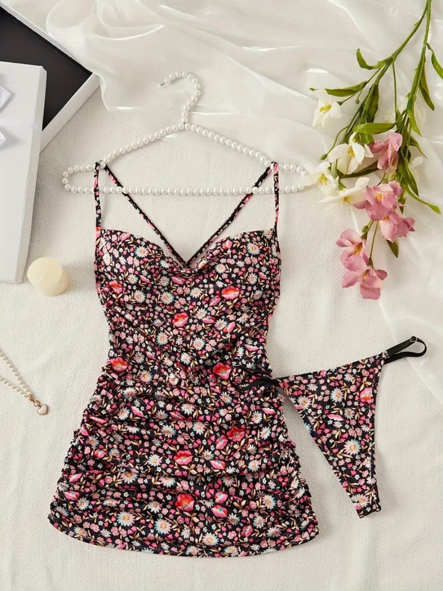 Elegant Love Minikleid Sexy Damen-Nachthemd mit Blumenmuster – Rückenfreies Dessous-Kleid (Set, 2-tlg., mit Tanga) Elegante Reizwäsche – Ideal als Nachtwäsche & Loungewear
