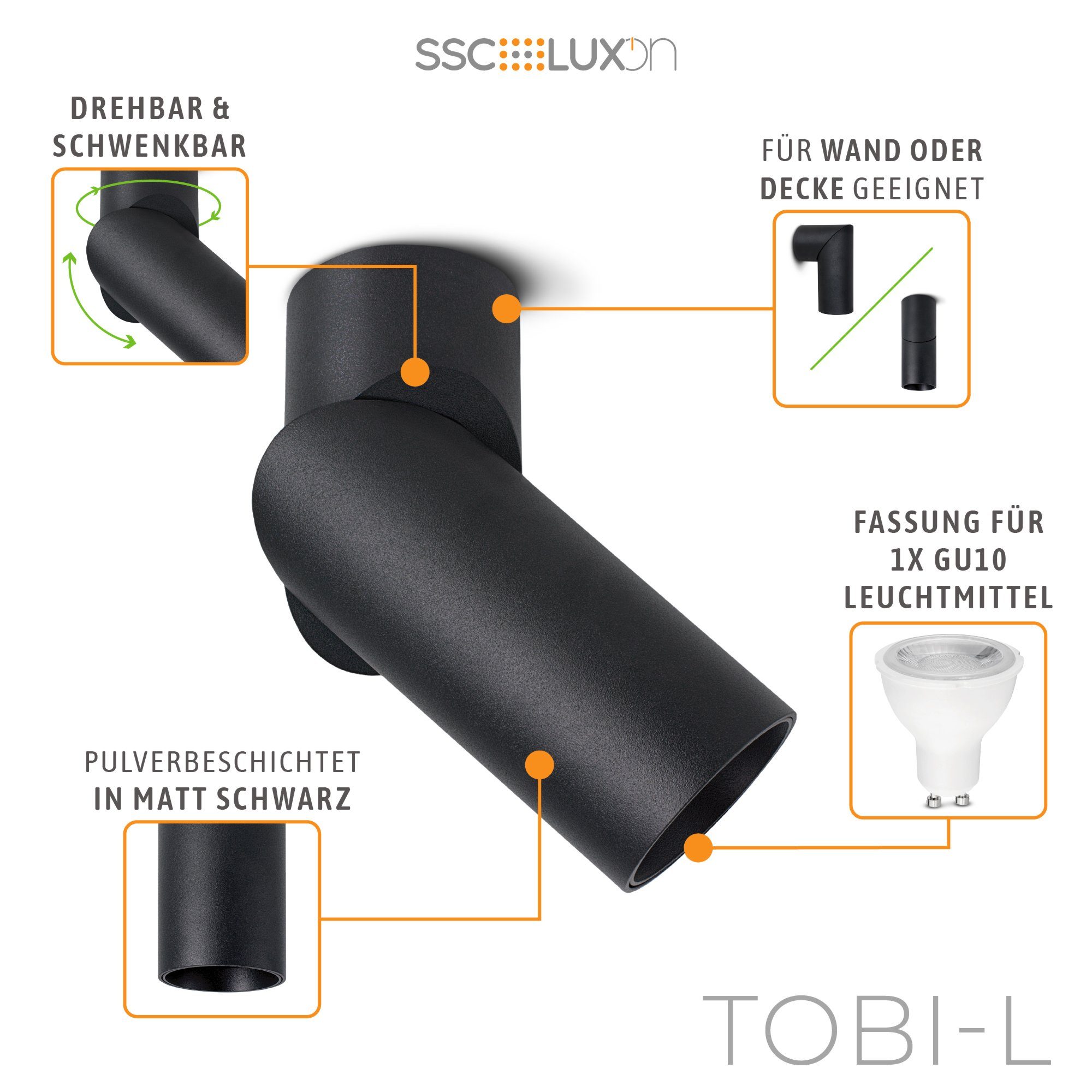 SSC-LUXon Aufbauleuchte Schwenkbare Aufbauleuchte TOBI-L in schwarz fuer Decken & Waende