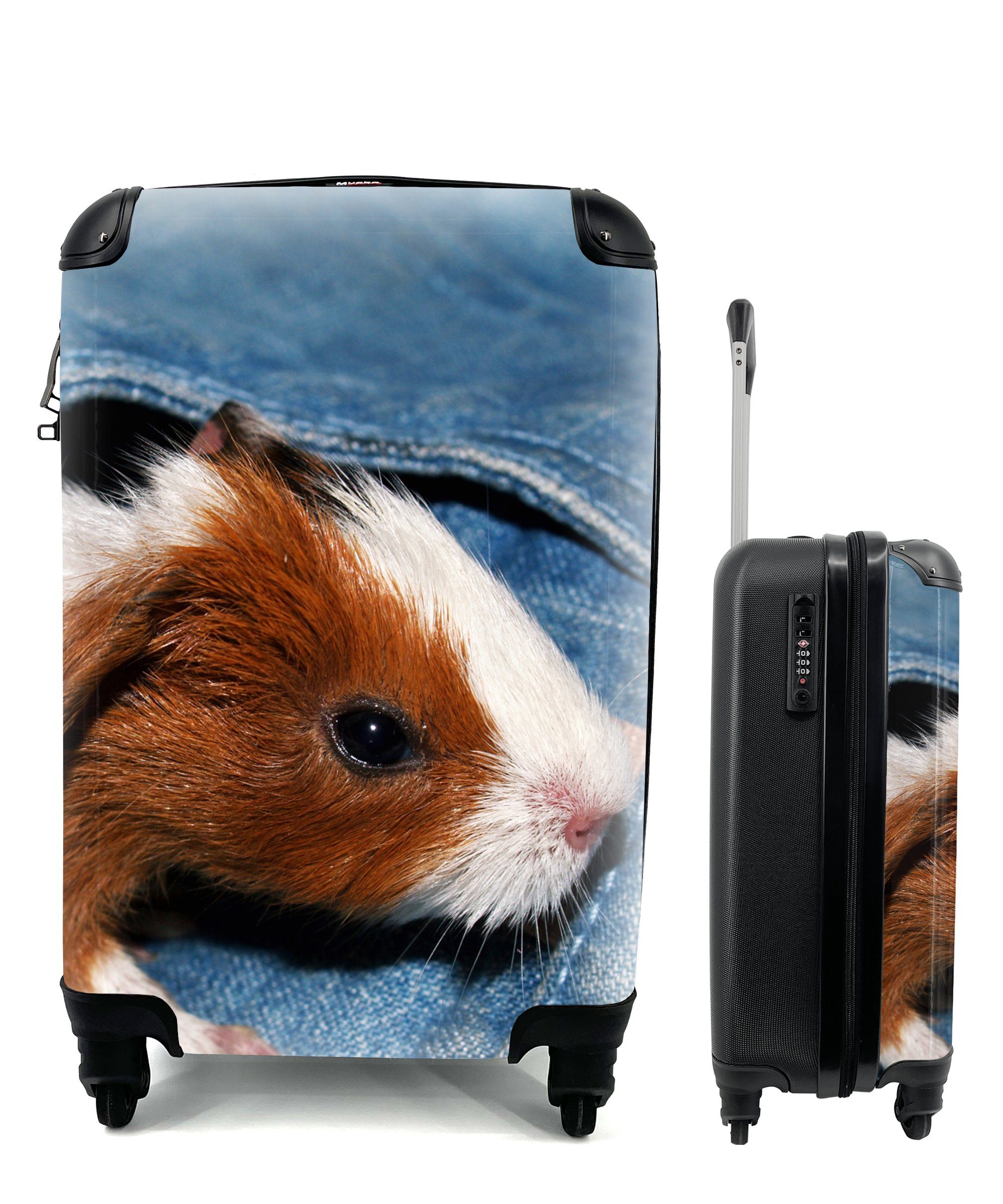 MuchoWow Handgepäckkoffer Baby-Meerschweinchen in einer Jeanstasche, 4 Rollen, Reisetasche mit rollen, Handgepäck für Ferien, Trolley, Reisekoffer