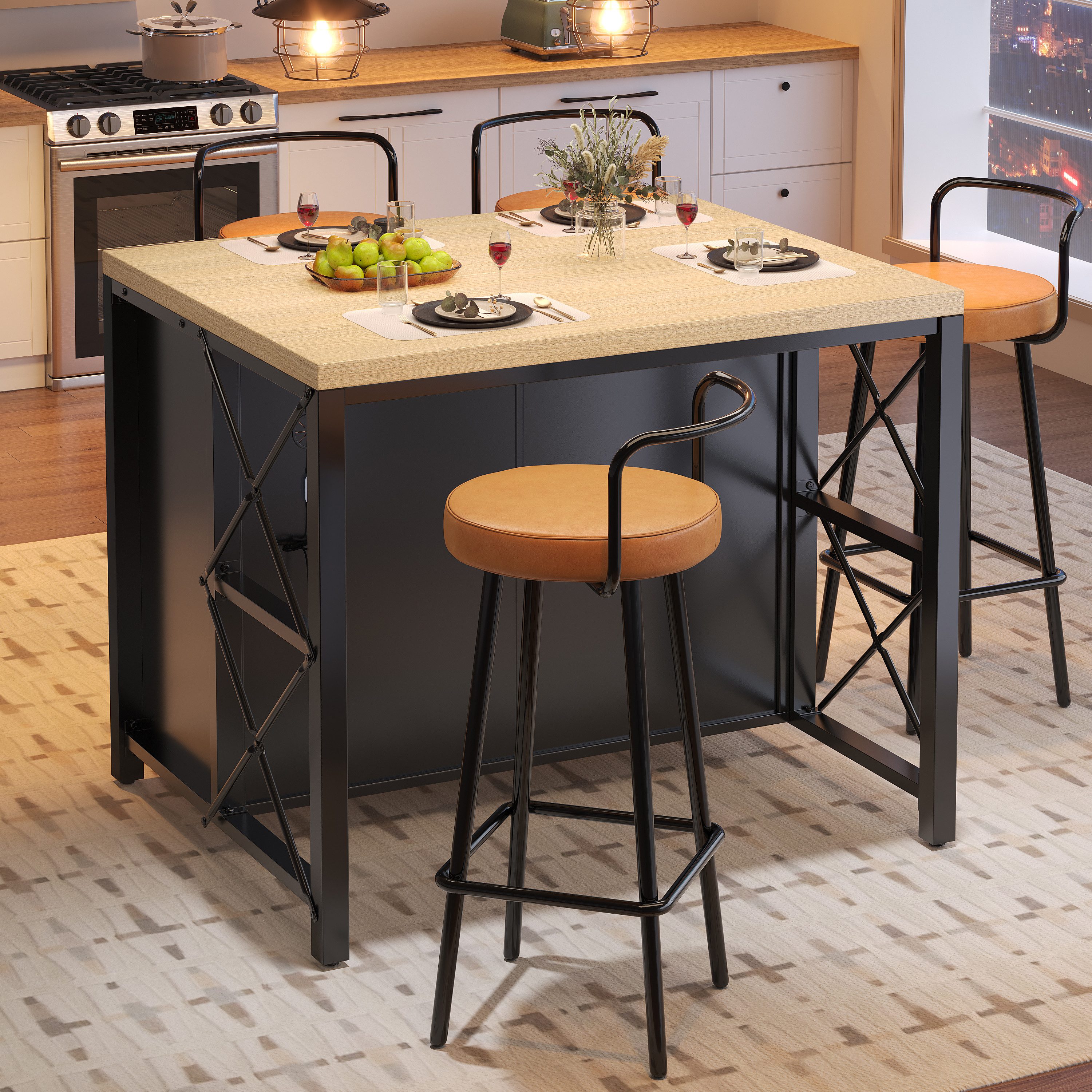 Flieks Kücheninsel mit Arbeitsplatte in Holzoptik Natur, LED-Beleuchtung und Glastüren, (mit verstellbaren Fußpolstern), Küchenschrank Küchenbuffet Stehtisch Bartisch Schwarz