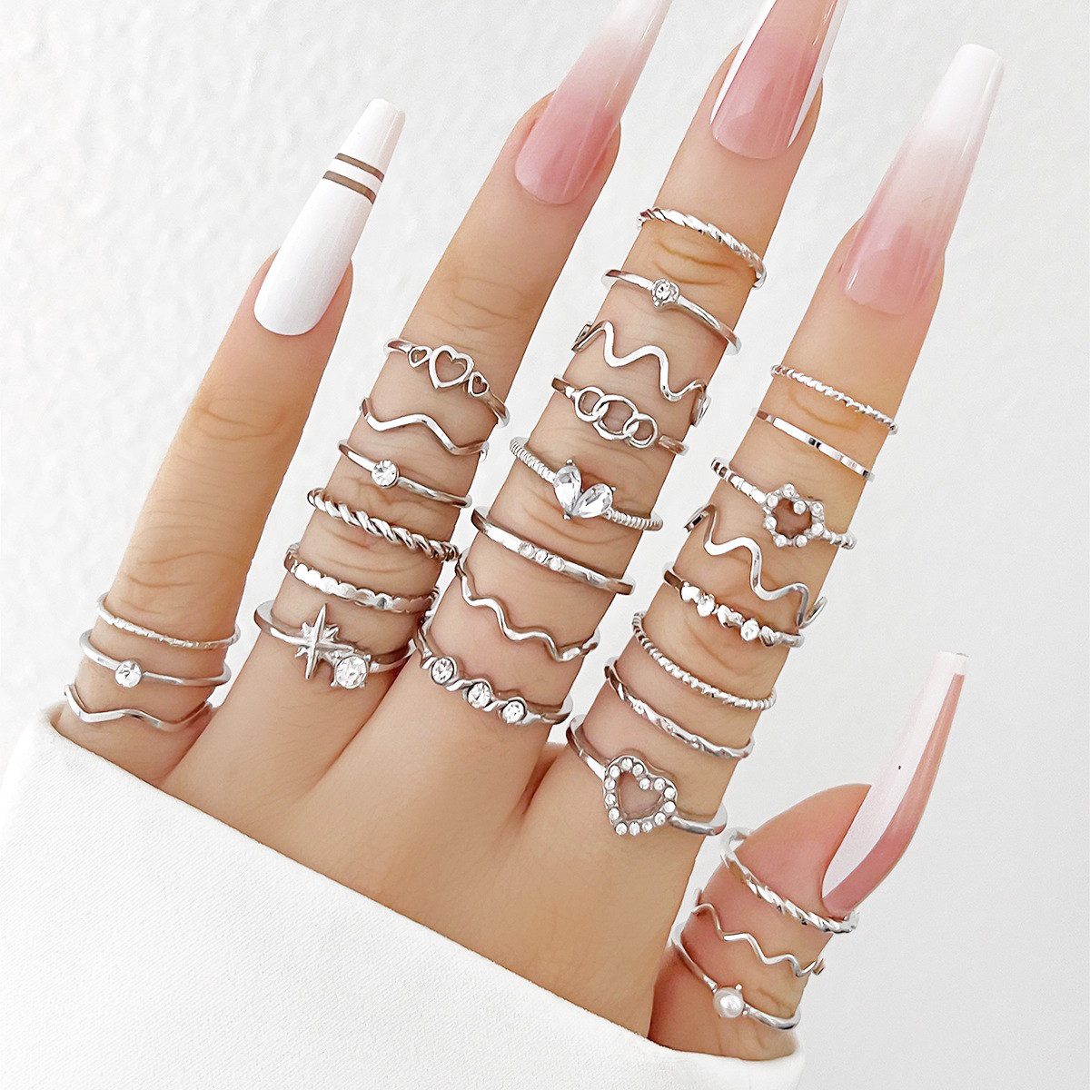 MOPUEA Fingerring Ring-Set Schmuckset,Herzdesign,28 Teile Set Modering-Set (Set, 28-tlg., flexibel für jeden Look und Anlass), Frei kombinierbar & individueller Style
