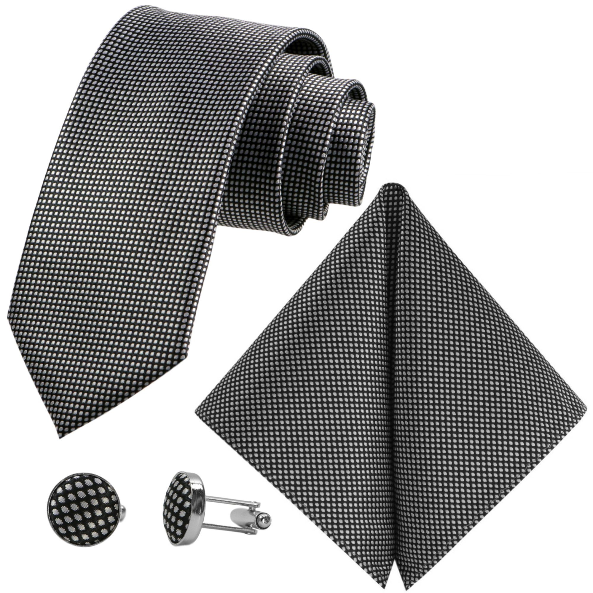 Kariert, Grid mit Schmal, Festlich Manschettenknöpfe) Seide-Touch Schwarz Business Krawattenset, Karo 3-St., Tuch GASSANI Hochzeitskrawatte Herren-Schlips (Set, Struktur, Krawatte Punkte, Dots, Einstecktuch, Weiß Gepunktet, Tupfen,