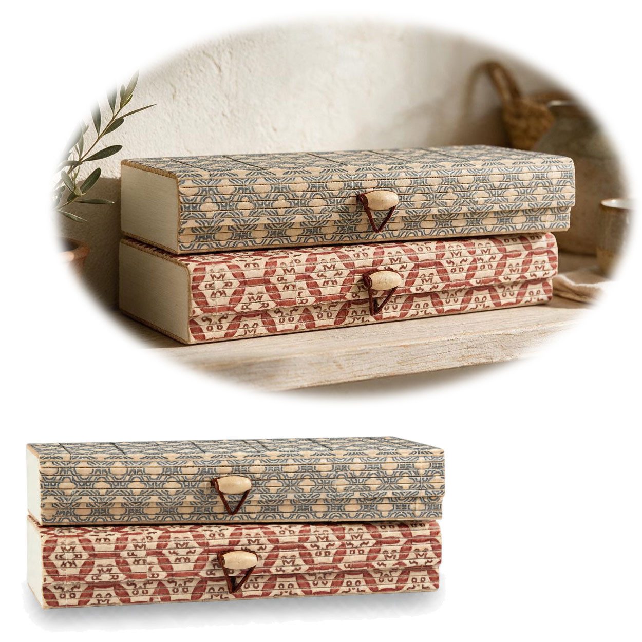 LS-LebenStil Aufbewahrungsbox Vintage Holz Schachtel 2´er Set Bambus mit Deckel Geschenkbox Box (Ikat länglich Geschenkbox schmale Schmuckschachtel, Schmuckschatulle, 2 St., Holzschatulle Schmuckkästchen, Stiftebox, Federtasche Kästchen Kiste), Rechteckig