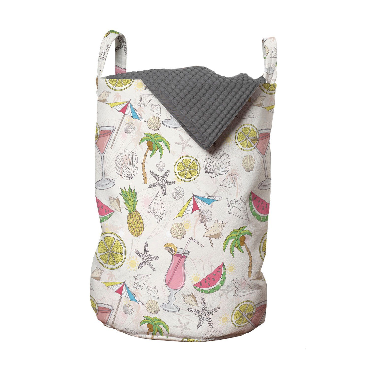 Abakuhaus Wäschesäckchen Wäschekorb mit Griffen Kordelzugverschluss für Waschsalons, Sommer Wassermelone Zitrone Regenschirm