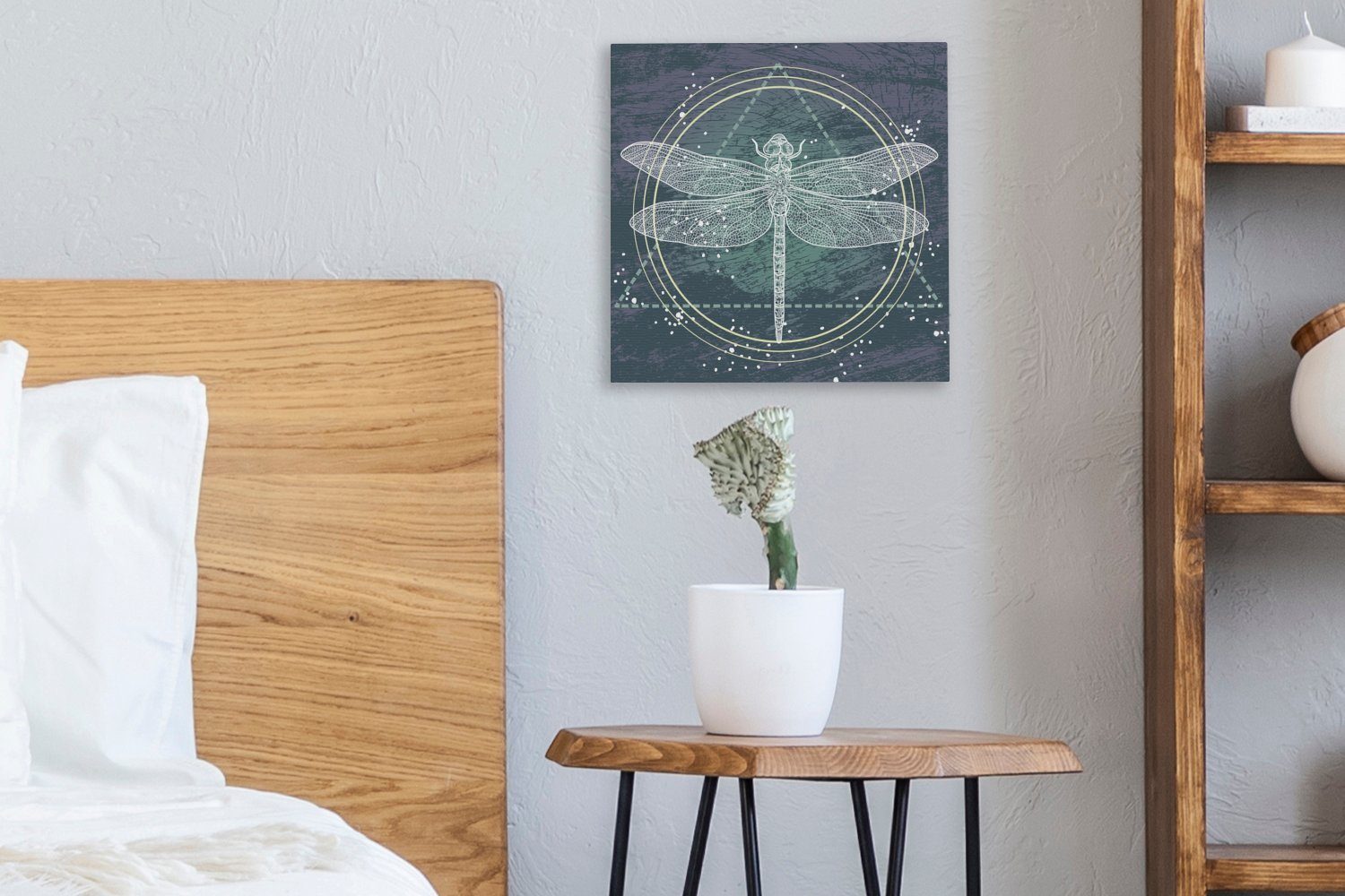 Illustration Libelle, Schlafzimmer einer Eine transparenten St), Wohnzimmer OneMillionCanvasses® Leinwandbild für (1 Bilder Leinwand