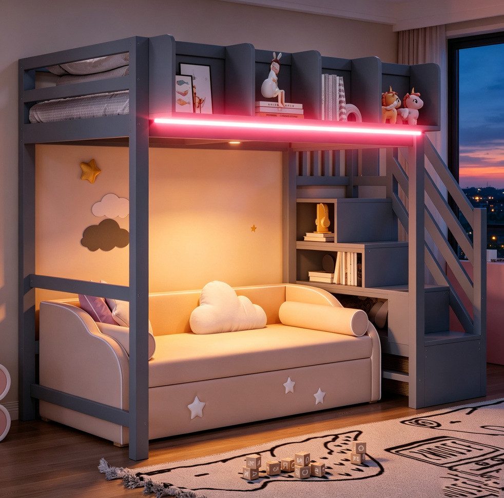 MODFU Hochbett mit Sicherheitsgeländer, integrierter Ablage und LED-Licht, Kinderbett (platzsparendes Jugendbett mit offenem Stauraum unter dem Bett, Holzbett 90x200 cm) ohne Matratze