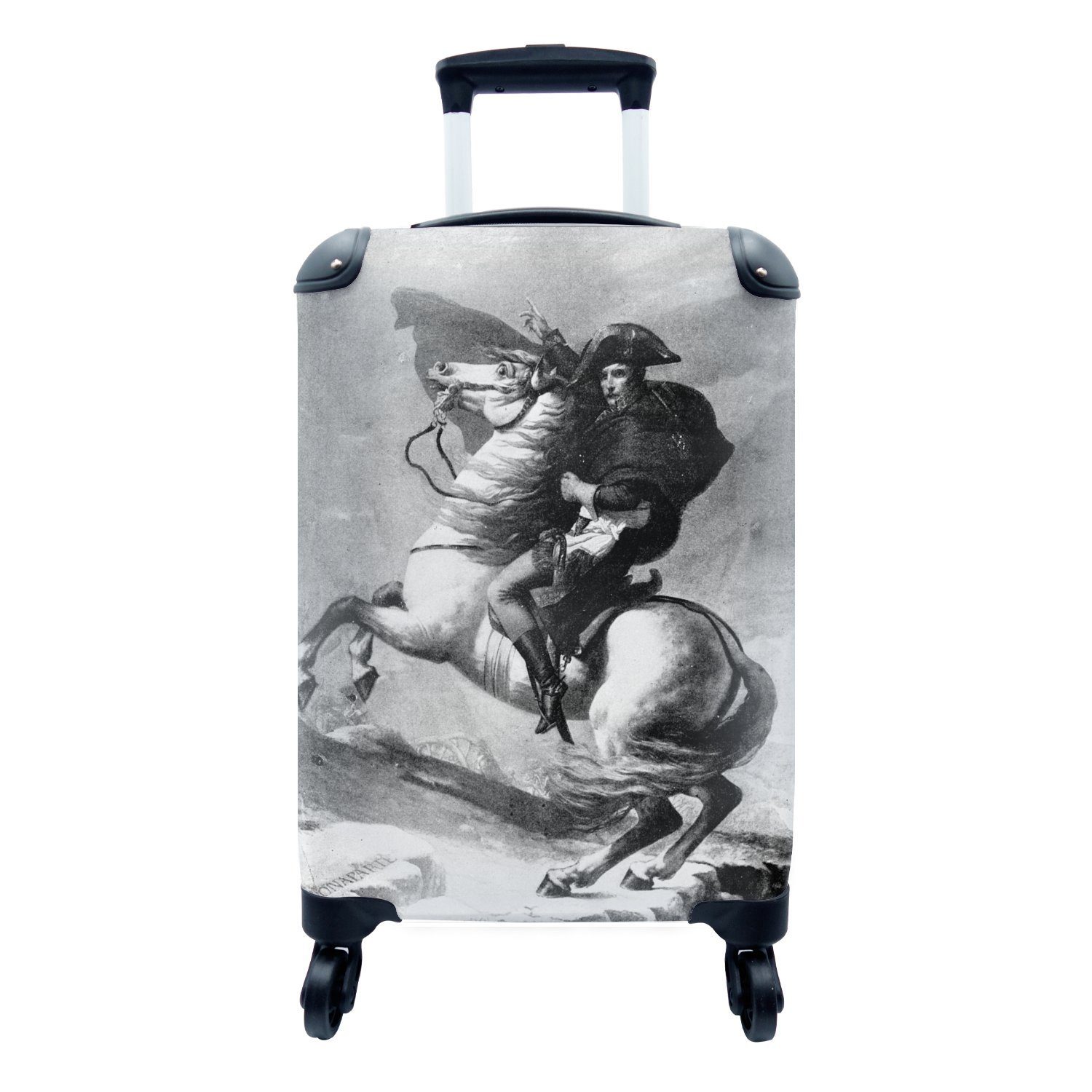 MuchoWow Handgepäckkoffer Illustration von Napoleon Bonaparte in schwarz-weiß auf einem Pferd, 4 Rollen, Reisetasche mit rollen, Handgepäck für Ferien, Trolley, Reisekoffer