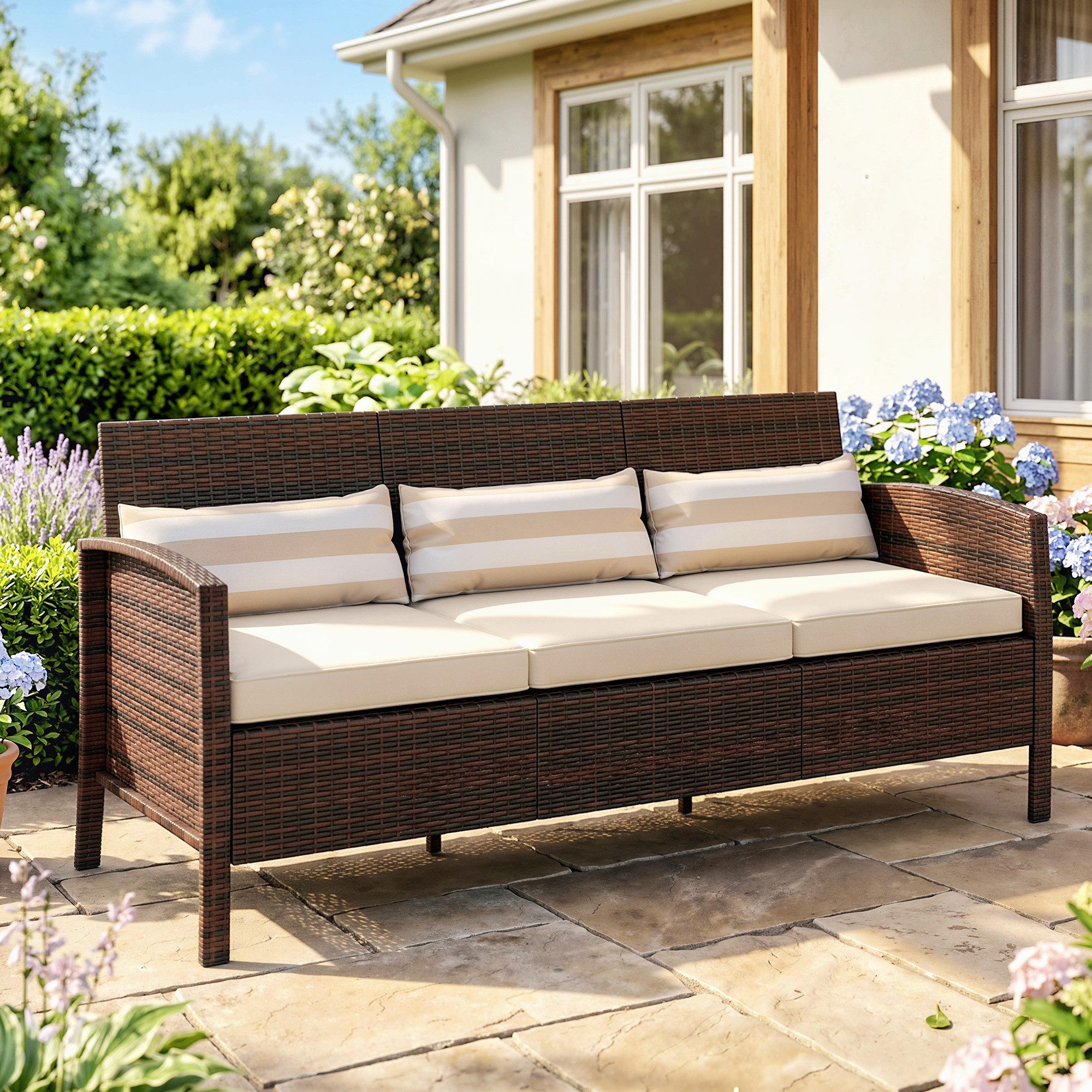 Outsunny Gartenbank Rattan Sofa Dreisitzer mit Kissen (Gartenmöbel, 1-St., Garten Loungesofa), Stahl, Braun, 173 x 68 x 78 cm