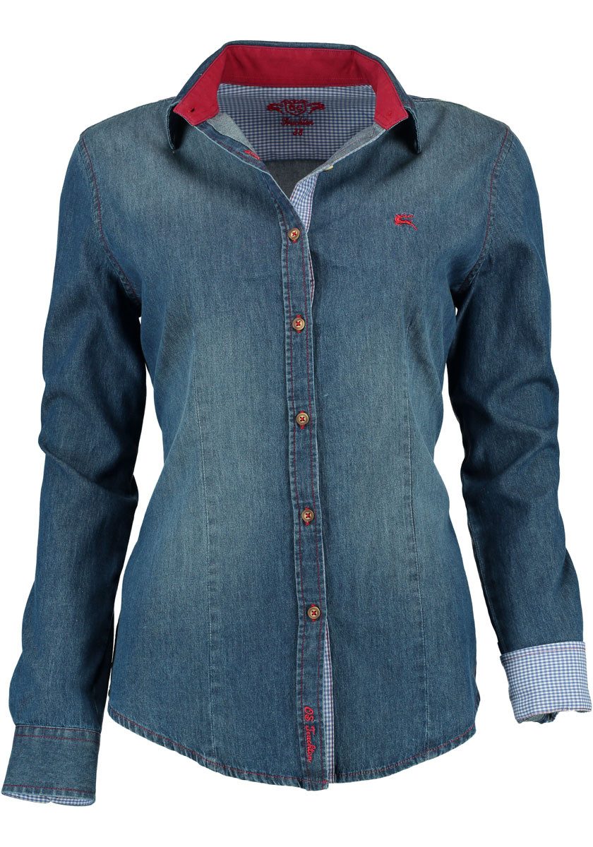 OS Trachten Jeansbluse Prisi Langarmbluse mit Hirsch-Stickerei auf der Brust