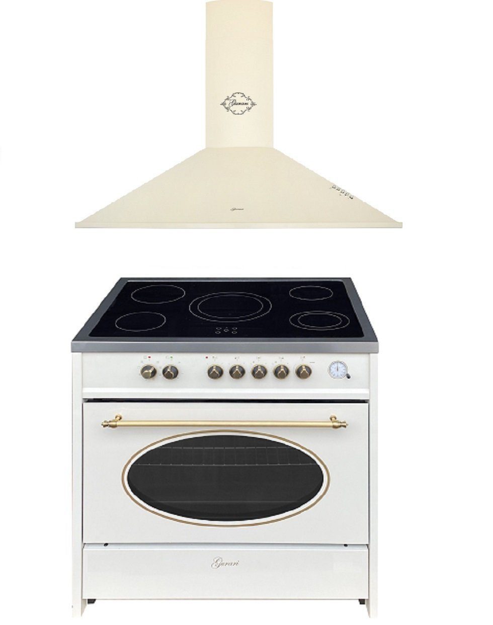 GURARI Elektro-Standherd Retro Glaskeramik Herd 90 cm Creme Range Cooker Elektro XXL Backofen 121 L mit Dunstabzugshaube 90 cm GCH E 912 Cr r+GCH C 046 BG 9.., mit 1-fach-Teleskopauszug, Glaskeramik Herd 90 cm+Dunstabzugshaube 90 cm